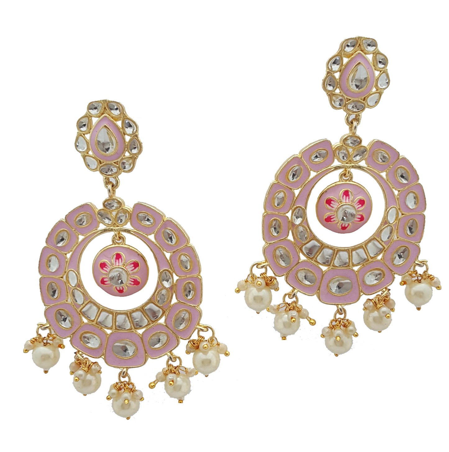 Moonstruck Traditional Indian Golden Chandbali Earrings with Meenakari & Pearls for Women – Light Violet Enamel, Lightweight Alloy, 9cm Length, 31g Weight - www.MoonstruckINC.com