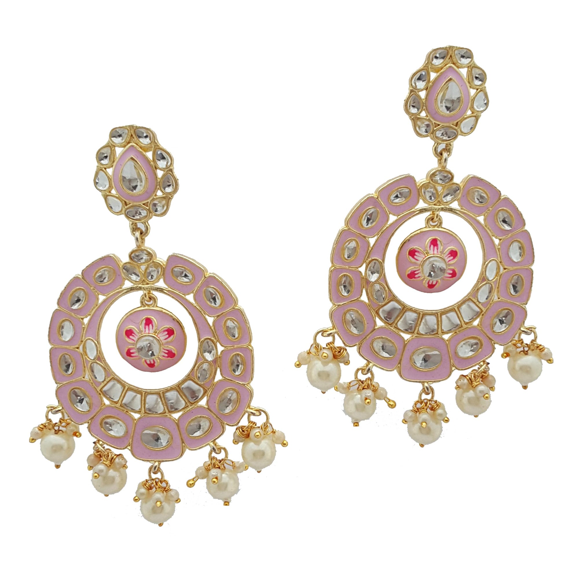 Moonstruck Traditional Indian Golden Chandbali Earrings with Meenakari & Pearls for Women – Light Violet Enamel, Lightweight Alloy, 9cm Length, 31g Weight - www.MoonstruckINC.com