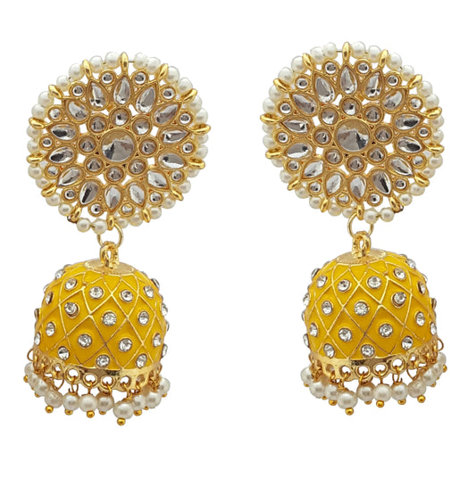 Moonstruck Traditional Indian Golden Dome-Shaped Meenakari Jhumka Earrings with Off-White Pearls for Women – Aqua Blue Ethnic Jewelry for Weddings, Festivals, Parties - www.MoonstruckINC.com