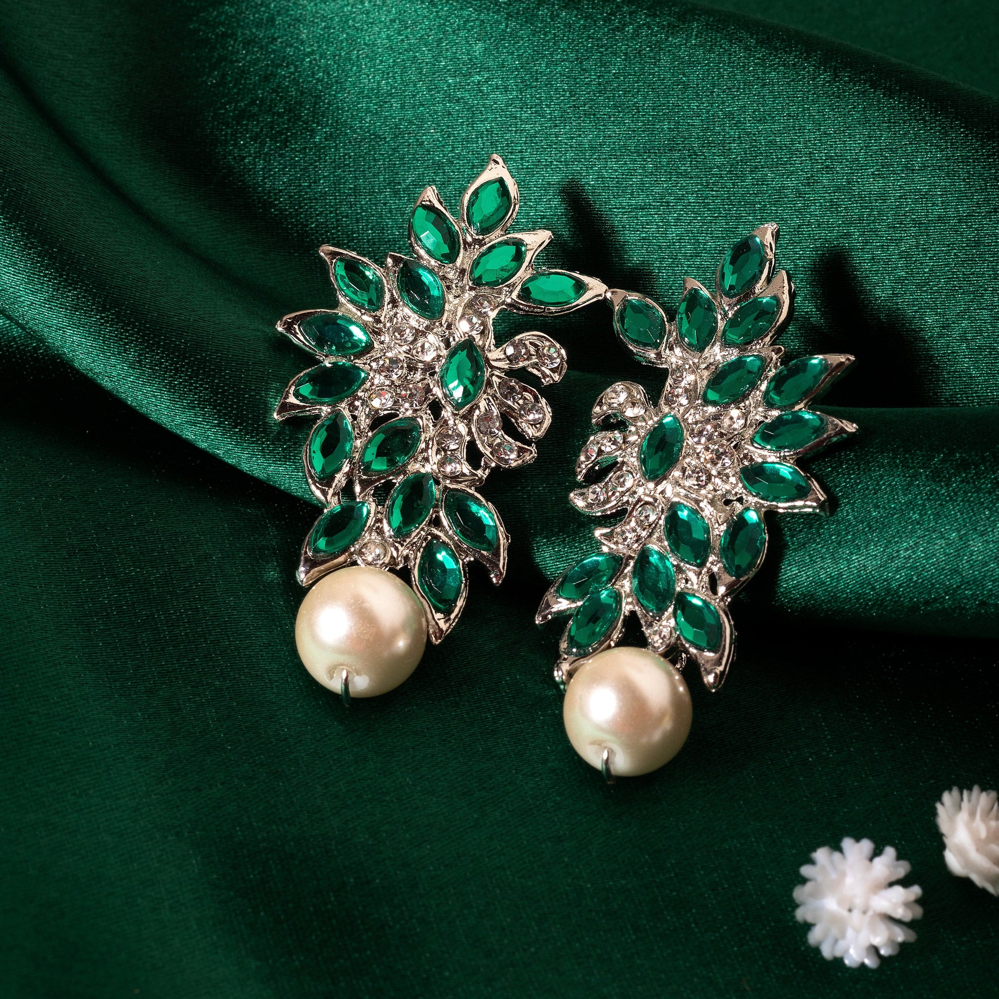 Moonstruck Stone Base Metal and Pearl Stud Earrings for Women's Girl's, Green