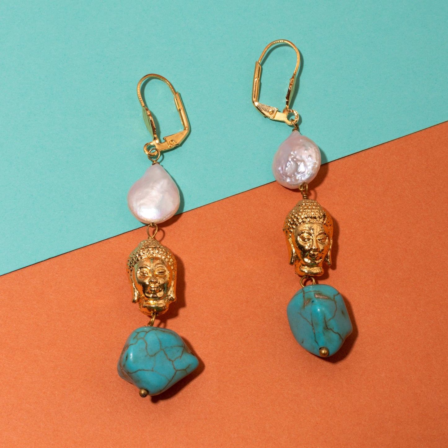 Moonstruck Pearl and Turqoise Buddha Earrings for Women - www.MoonstruckINC.com