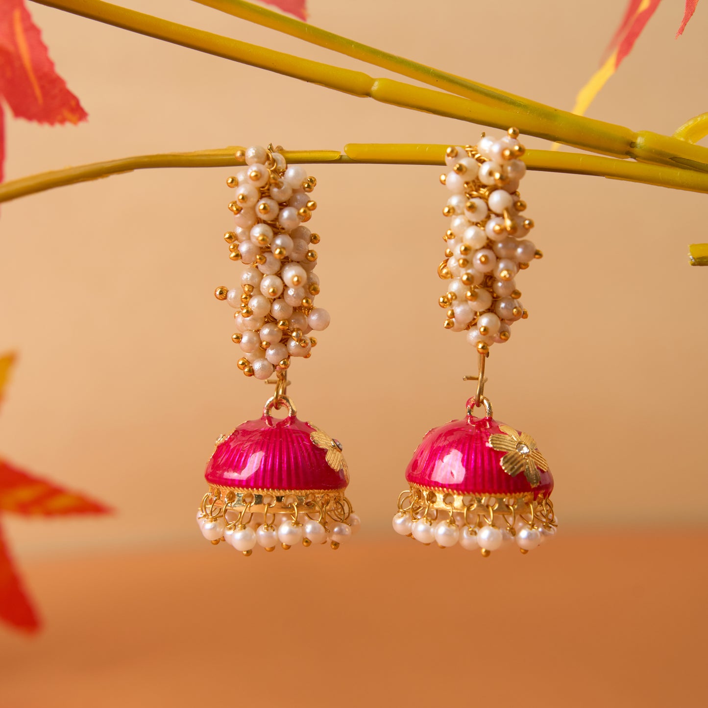 Moonstruck Gold Pearl Hoop Jhumki Fashion Earrings For Women (Pink) - www.MoonstruckINC.com