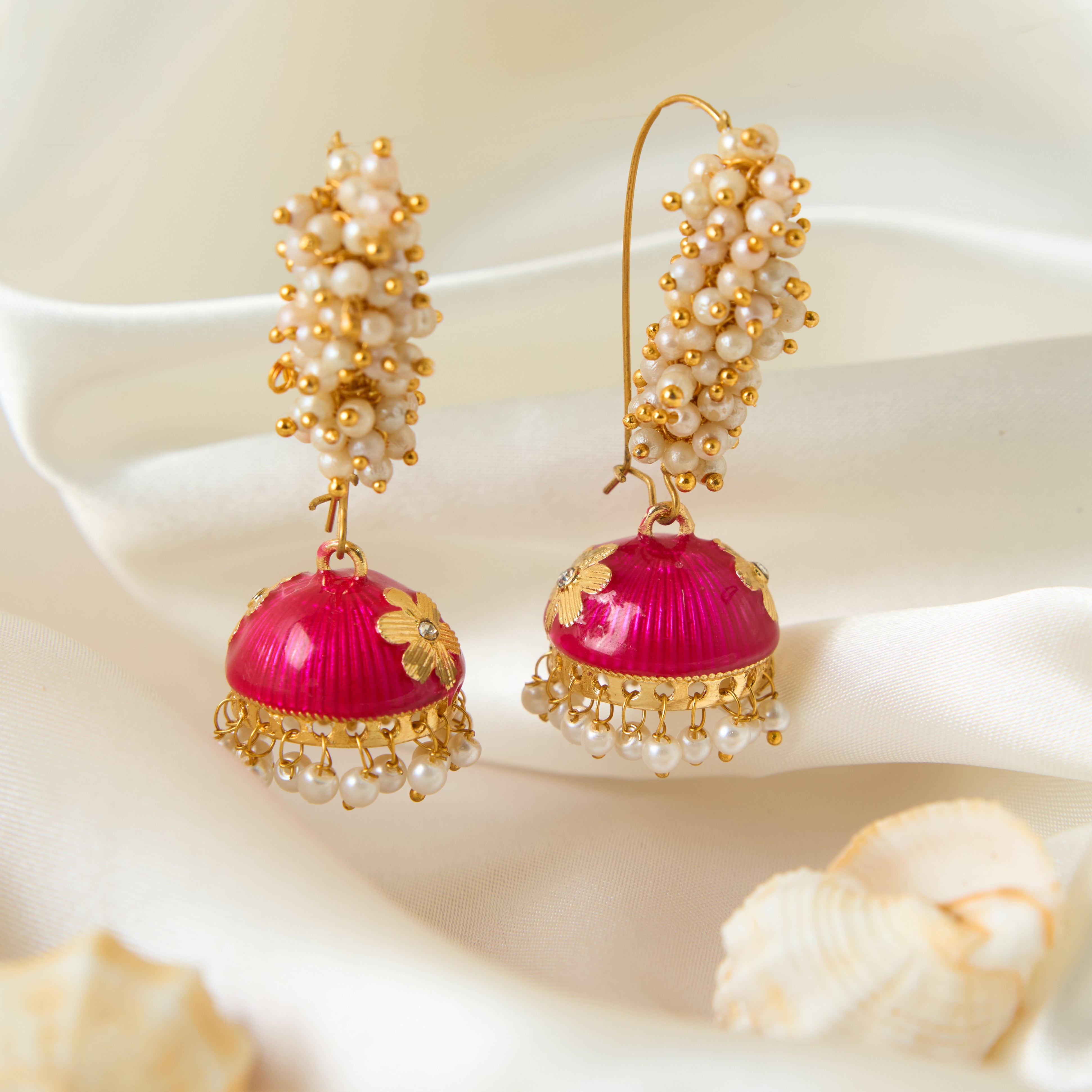 Crunchy Fashion Gold-Plated Embelished Pink Kundan and Faux Pearl Jhumka  Earrings RAE1813