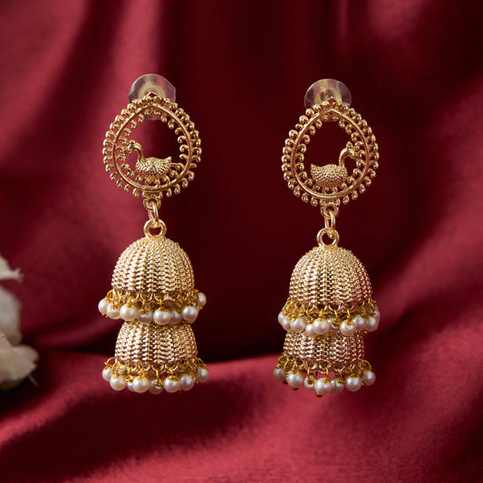 Moonstruck Bollywood Traditional Indian Gold/Golden Jhumka/Jhumki Earrings With Pearls Peacock Style For Women - www.MoonstruckINC.com