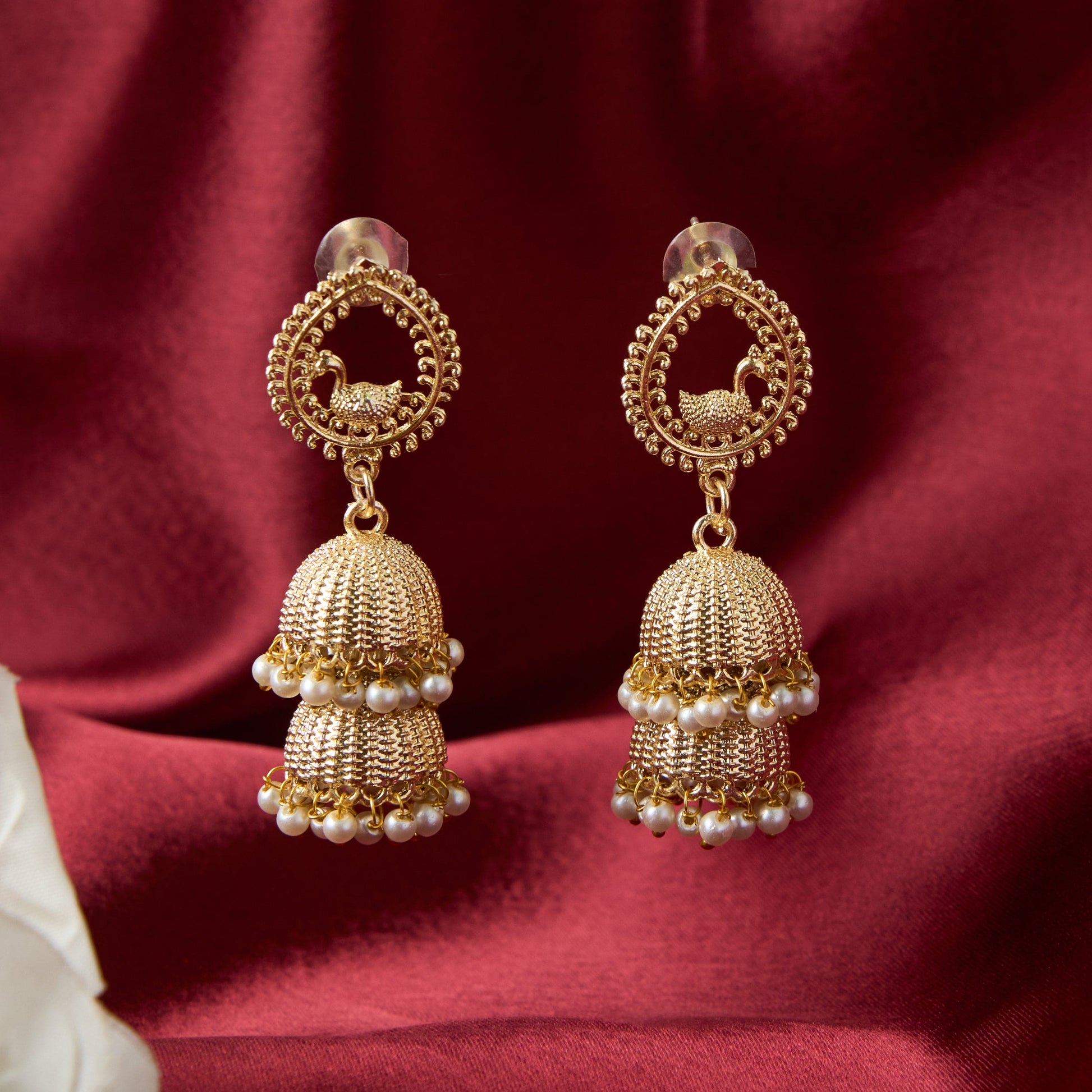 Moonstruck Bollywood Traditional Indian Gold/Golden Jhumka/Jhumki Earrings With Pearls Peacock Style For Women - www.MoonstruckINC.com