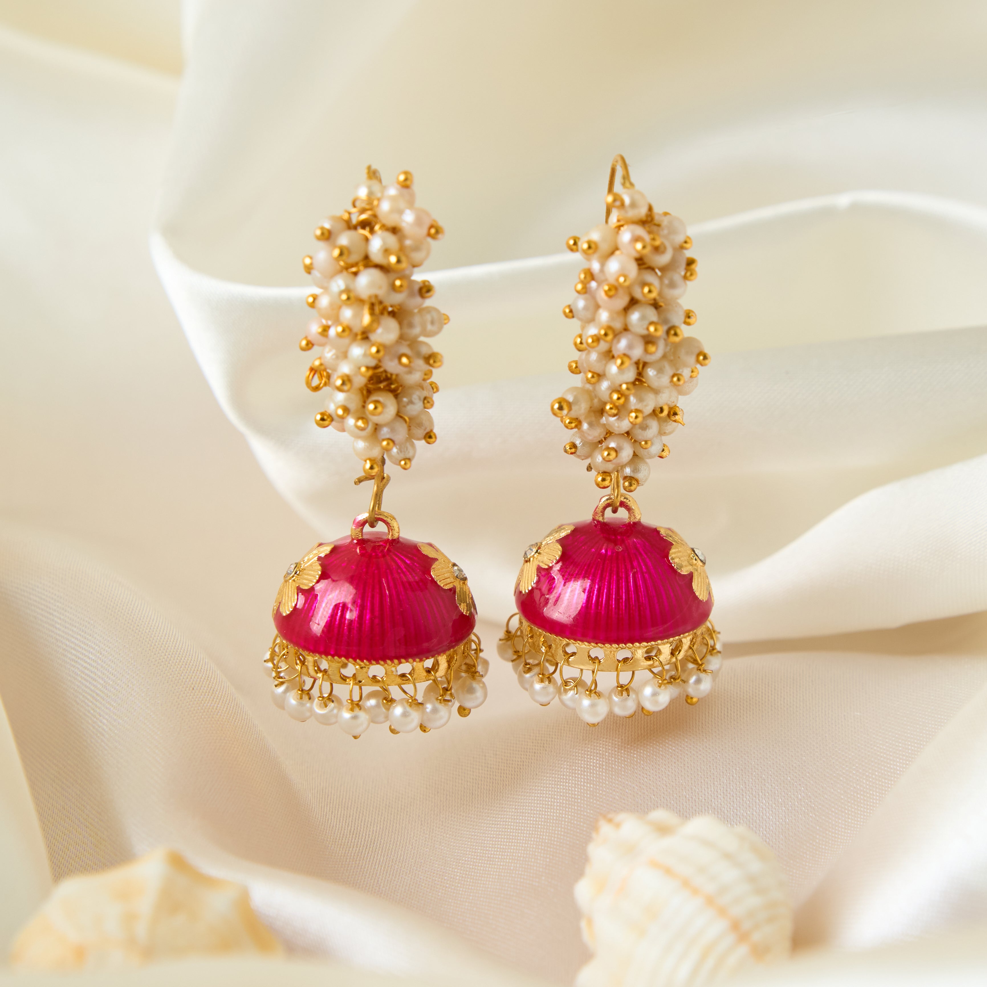 Best Handmade Mina Jhumka Earrings in Peach with Gold Color