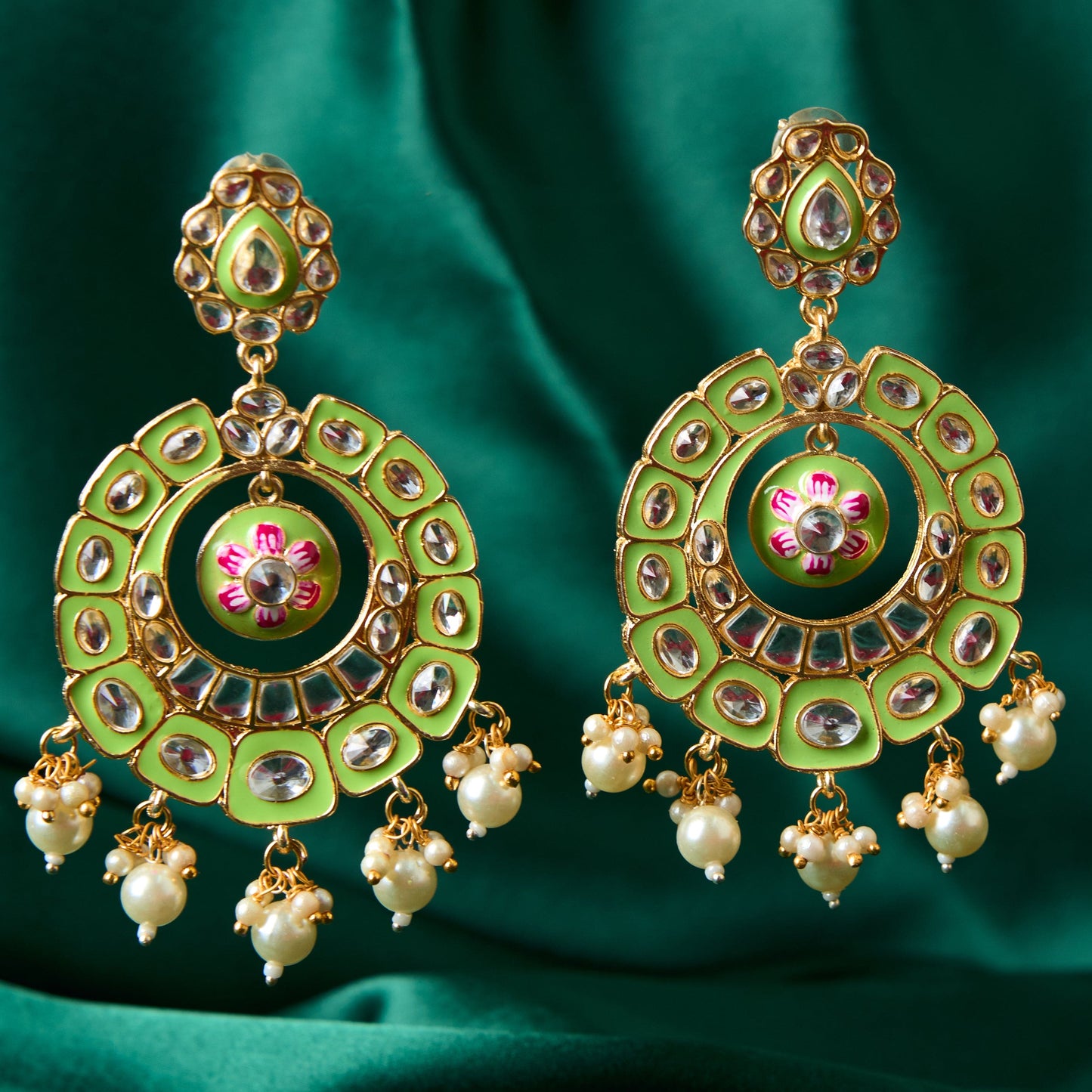 Moonstruck Traditional Indian Chandbali Enamel Kundan Earrings With Pearls for Women (Green) - www.MoonstruckINC.com