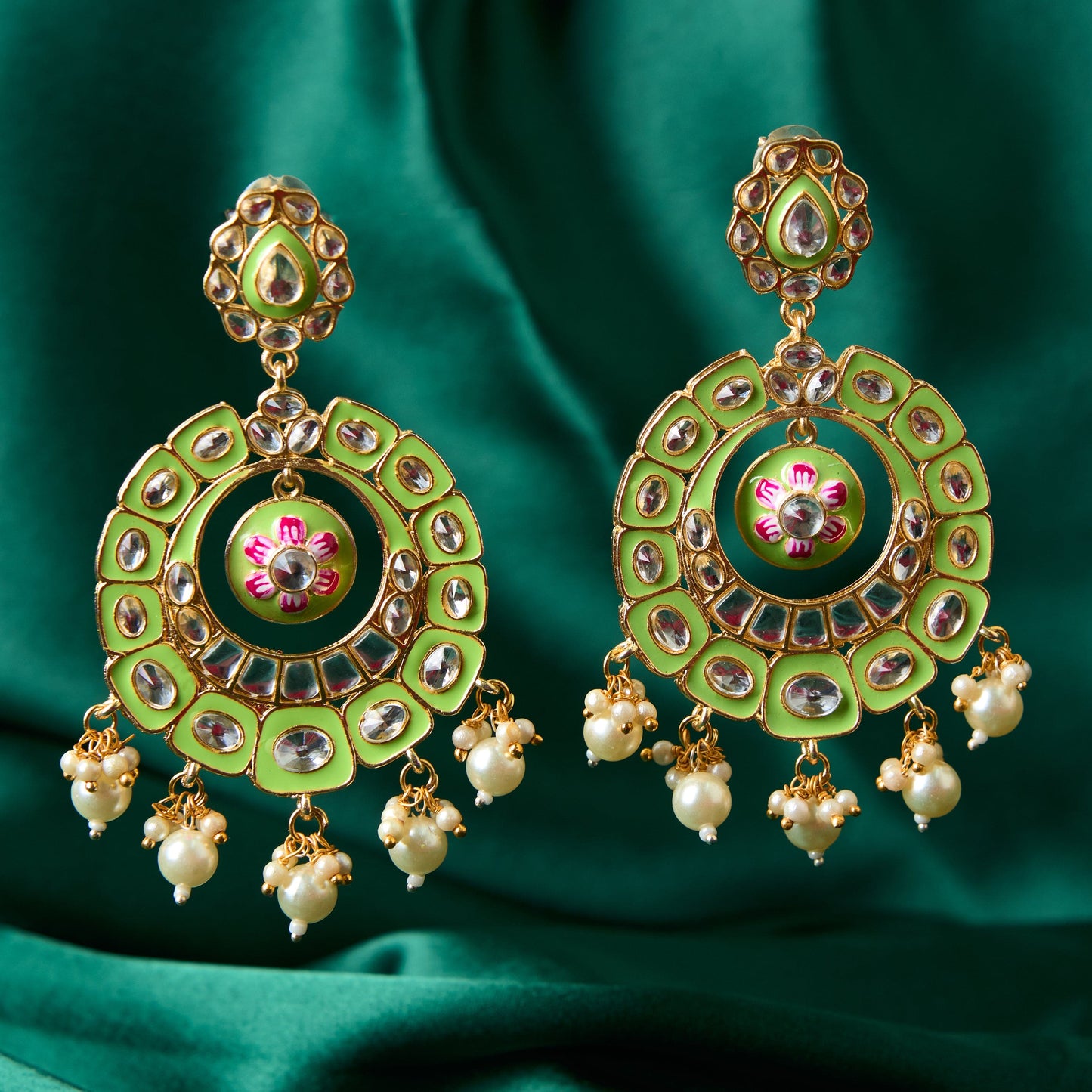 Moonstruck Traditional Indian Chandbali Enamel Kundan Earrings With Pearls for Women (Green) - www.MoonstruckINC.com