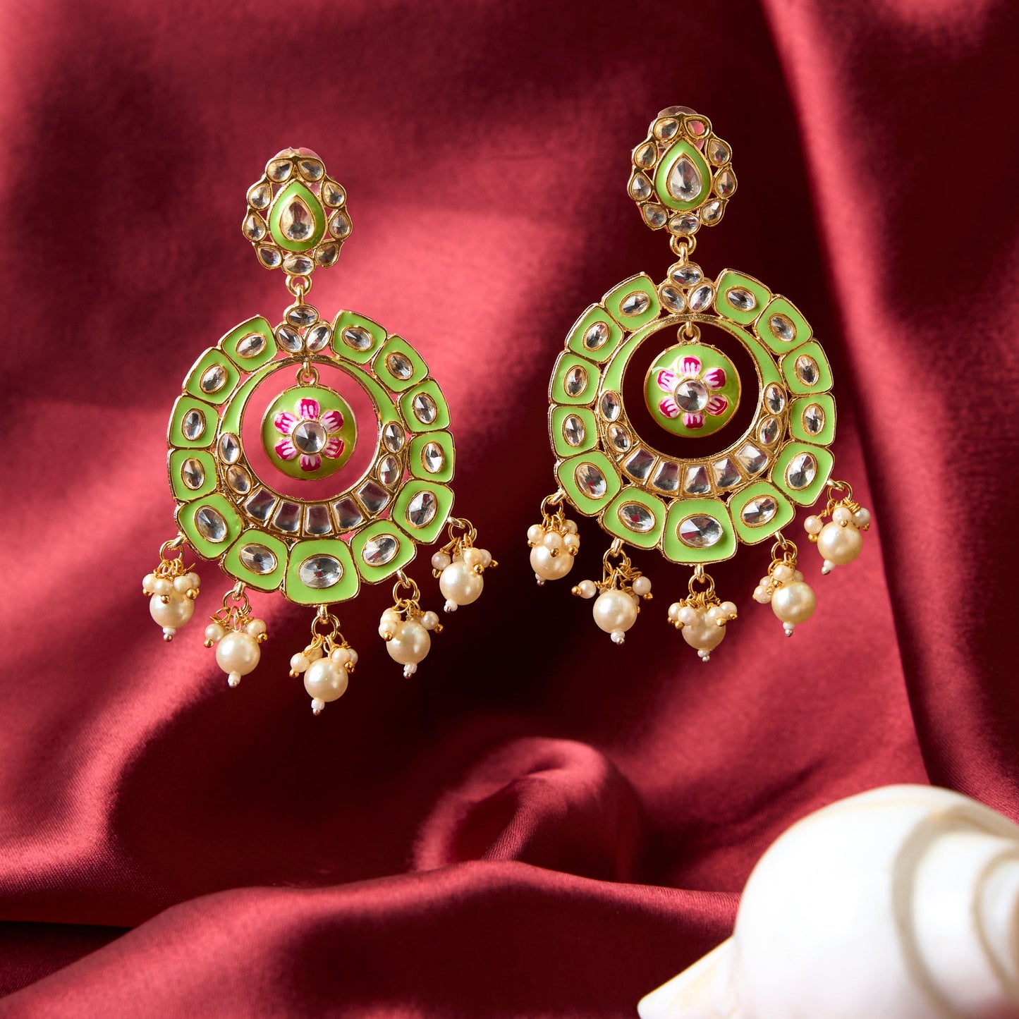 Moonstruck Traditional Indian Chandbali Enamel Kundan Earrings With Pearls for Women (Green) - www.MoonstruckINC.com