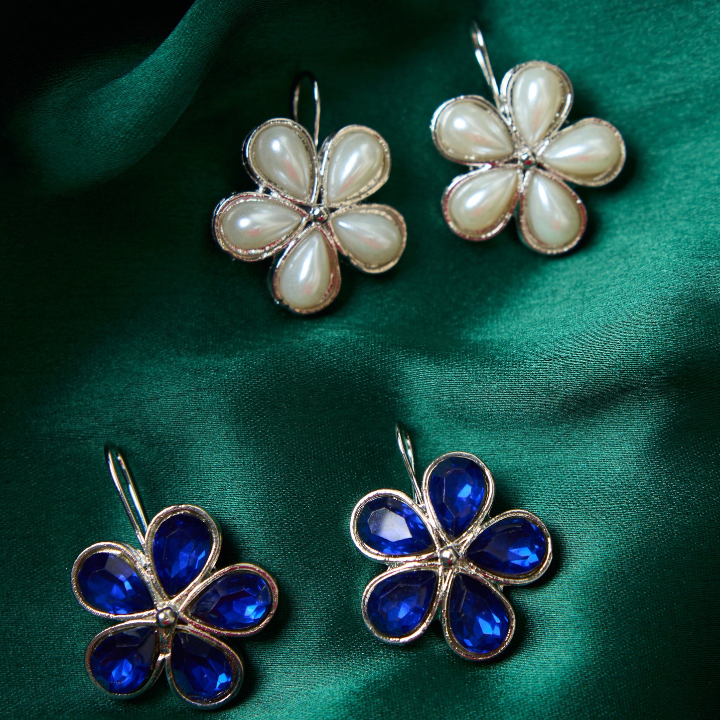 Moonstruck Combo flower hook earrings (Pearl & Blue) - www.MoonstruckINC.com
