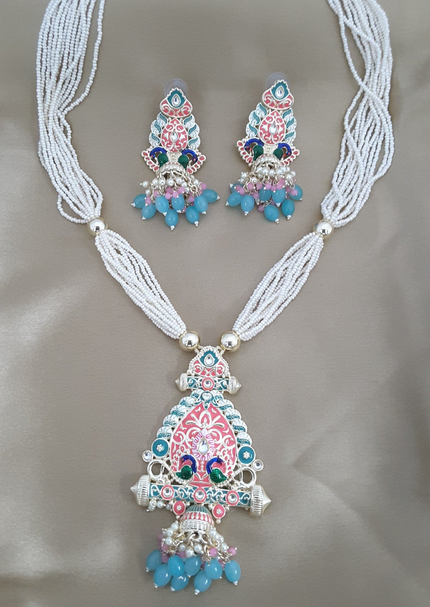 Moonstruck Traditional Indian Multicolour Peacock Meenakari and Beads Long Regal Necklace Earring Set for Women(Multicolour) - www.MoonstruckINC.com