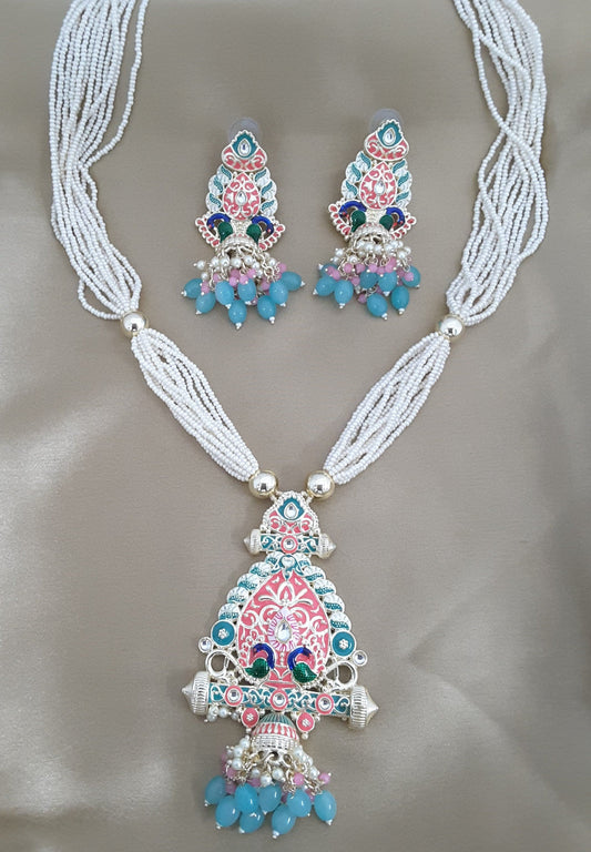 Moonstruck Traditional Indian Multicolour Peacock Meenakari and Beads Long Regal Necklace Earring Set for Women(Multicolour) - www.MoonstruckINC.com