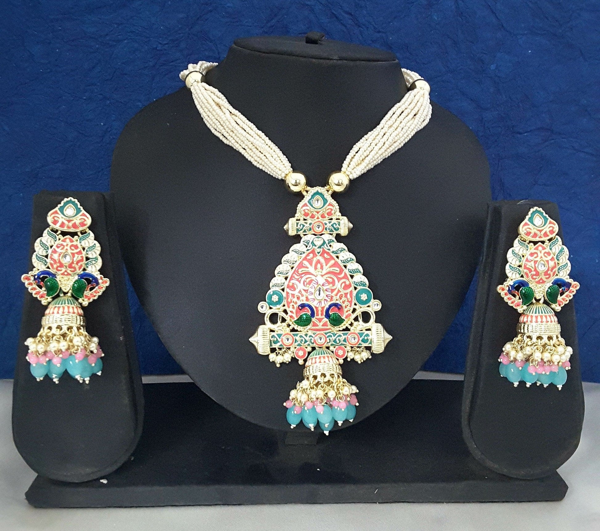 Moonstruck Traditional Indian Multicolour Peacock Meenakari and Beads Long Regal Necklace Earring Set for Women(Multicolour) - www.MoonstruckINC.com