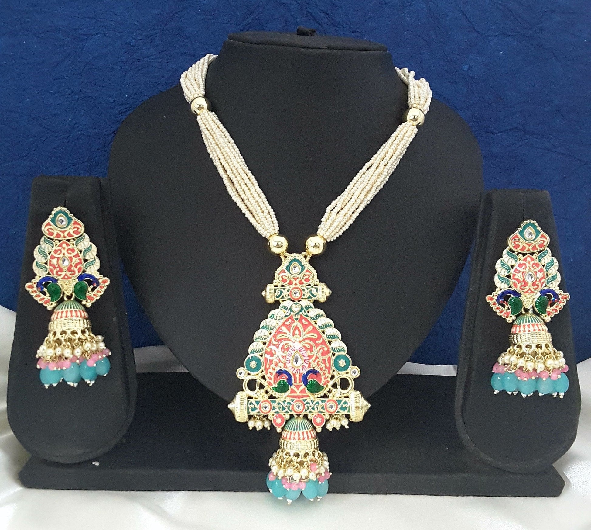 Moonstruck Traditional Indian Multicolour Peacock Meenakari and Beads Long Regal Necklace Earring Set for Women(Multicolour) - www.MoonstruckINC.com