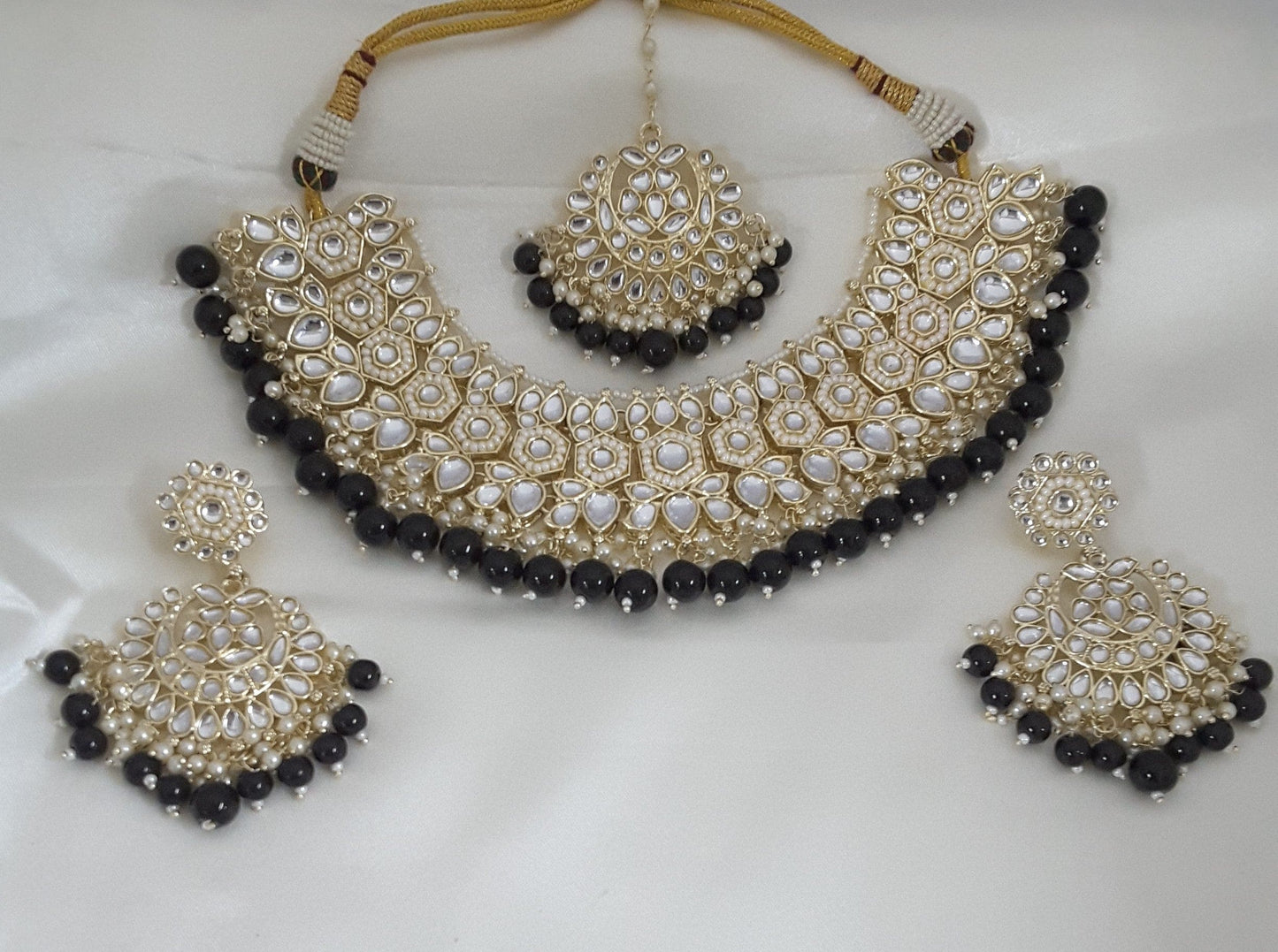 Moonstruck Traditional Indian White Kundan and Black Beads Choker Necklace Earring Set with Maang tikka for Women(Black) - www.MoonstruckINC.com