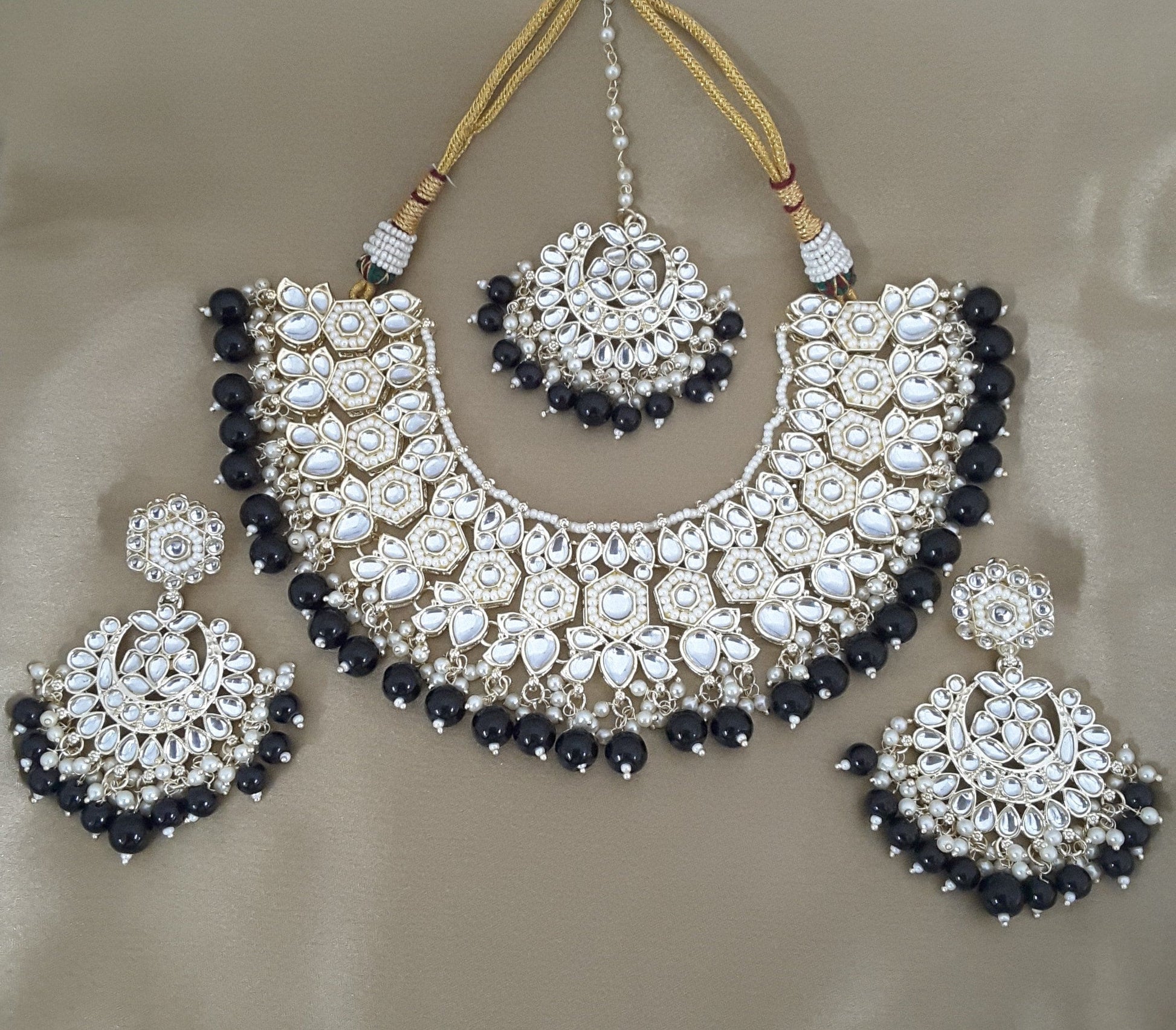 Moonstruck Traditional Indian White Kundan and Black Beads Choker Necklace Earring Set with Maang tikka for Women(Black) - www.MoonstruckINC.com