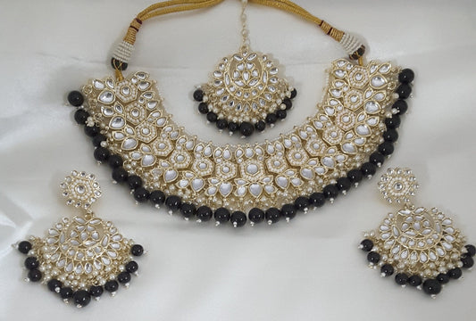Moonstruck Traditional Indian White Kundan and Black Beads Choker Necklace Earring Set with Maang tikka for Women(Black) - www.MoonstruckINC.com