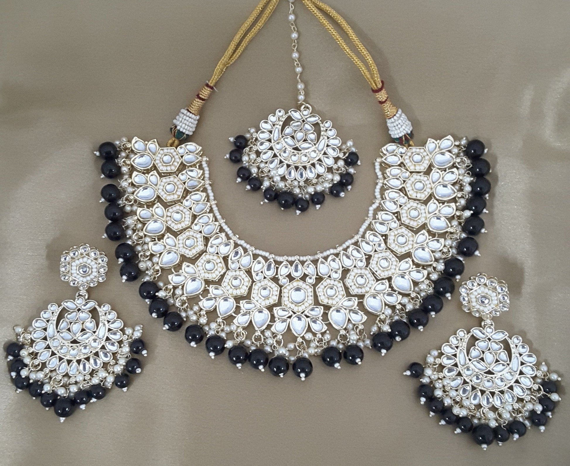 Moonstruck Traditional Indian White Kundan and Black Beads Choker Necklace Earring Set with Maang tikka for Women(Black) - www.MoonstruckINC.com