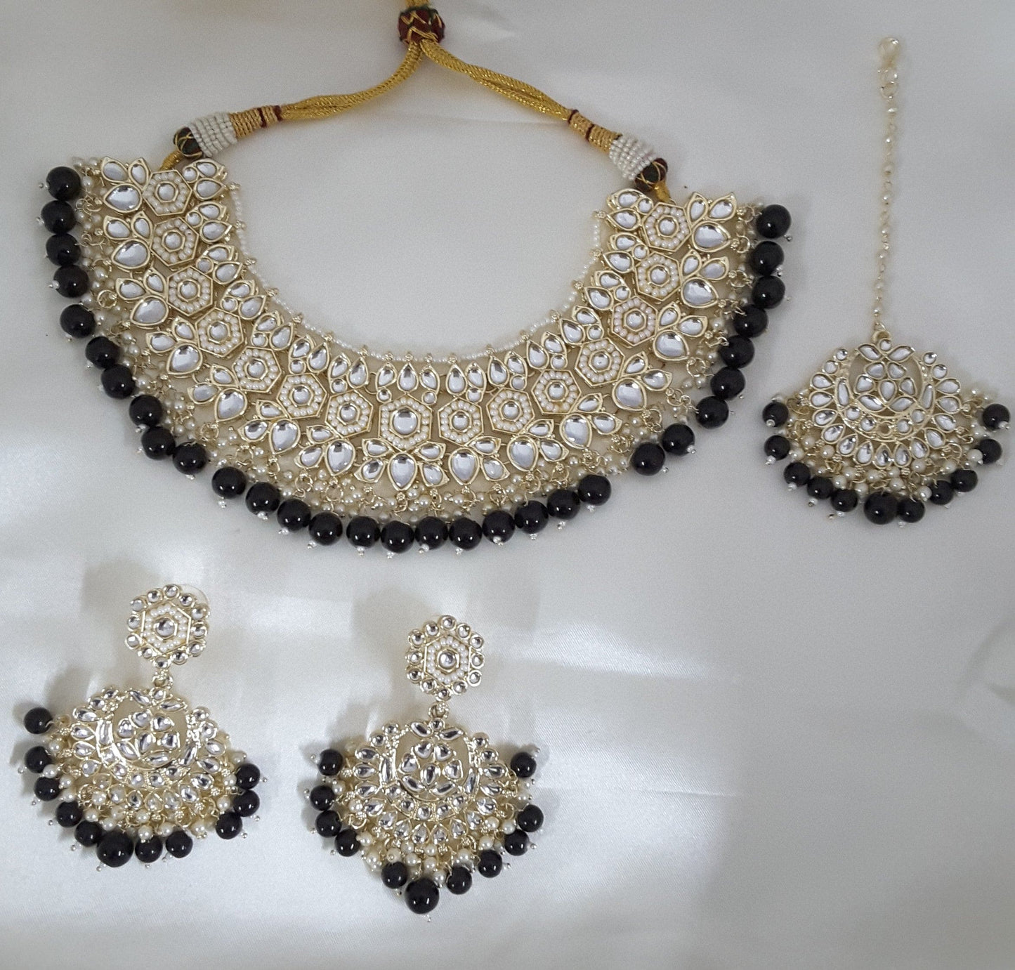 Moonstruck Traditional Indian White Kundan and Black Beads Choker Necklace Earring Set with Maang tikka for Women(Black) - www.MoonstruckINC.com