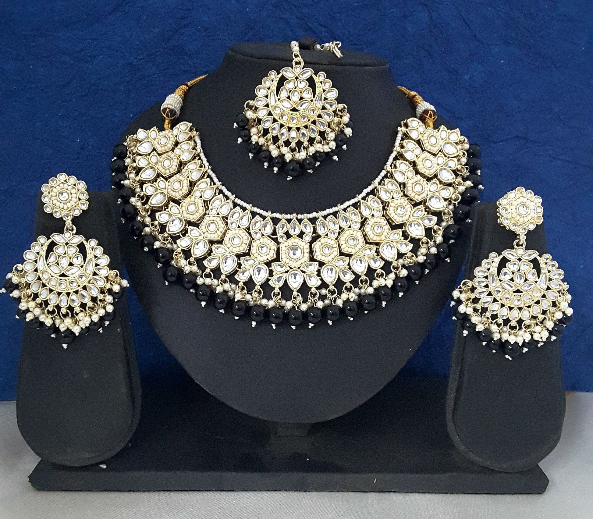 Moonstruck Traditional Indian White Kundan and Black Beads Choker Necklace Earring Set with Maang tikka for Women(Black) - www.MoonstruckINC.com