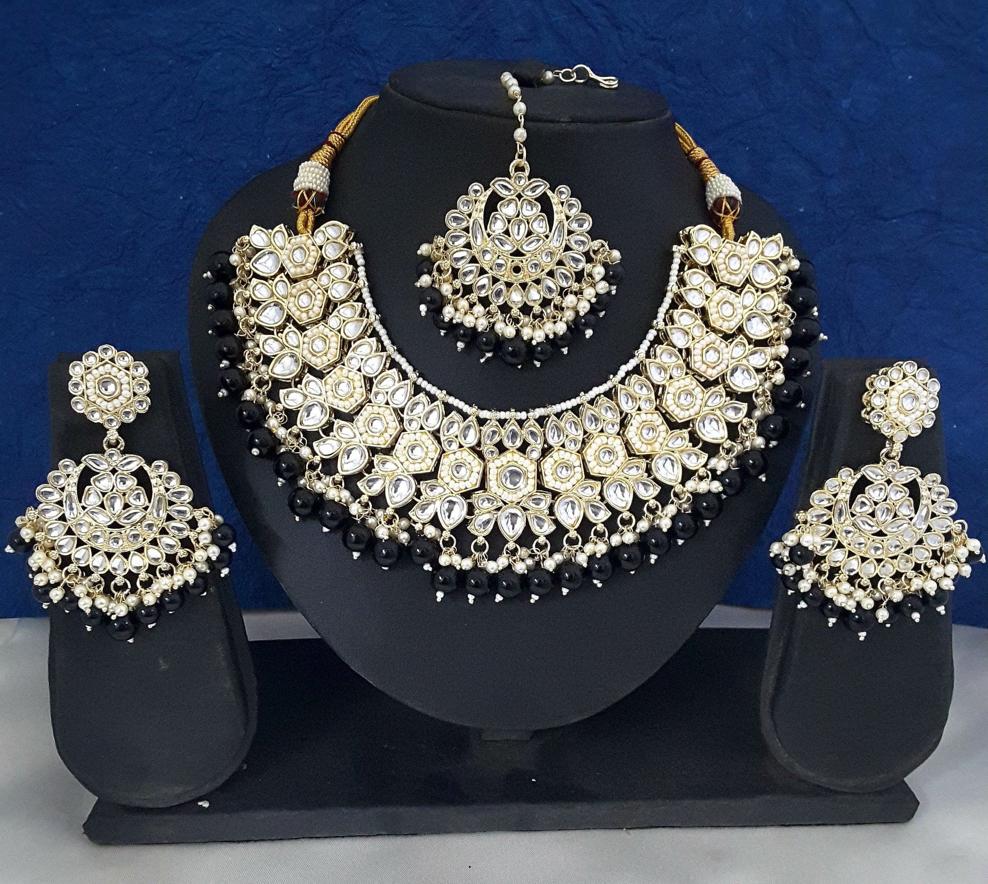 Moonstruck Traditional Indian White Kundan and Black Beads Choker Necklace Earring Set with Maang tikka for Women(Black) - www.MoonstruckINC.com