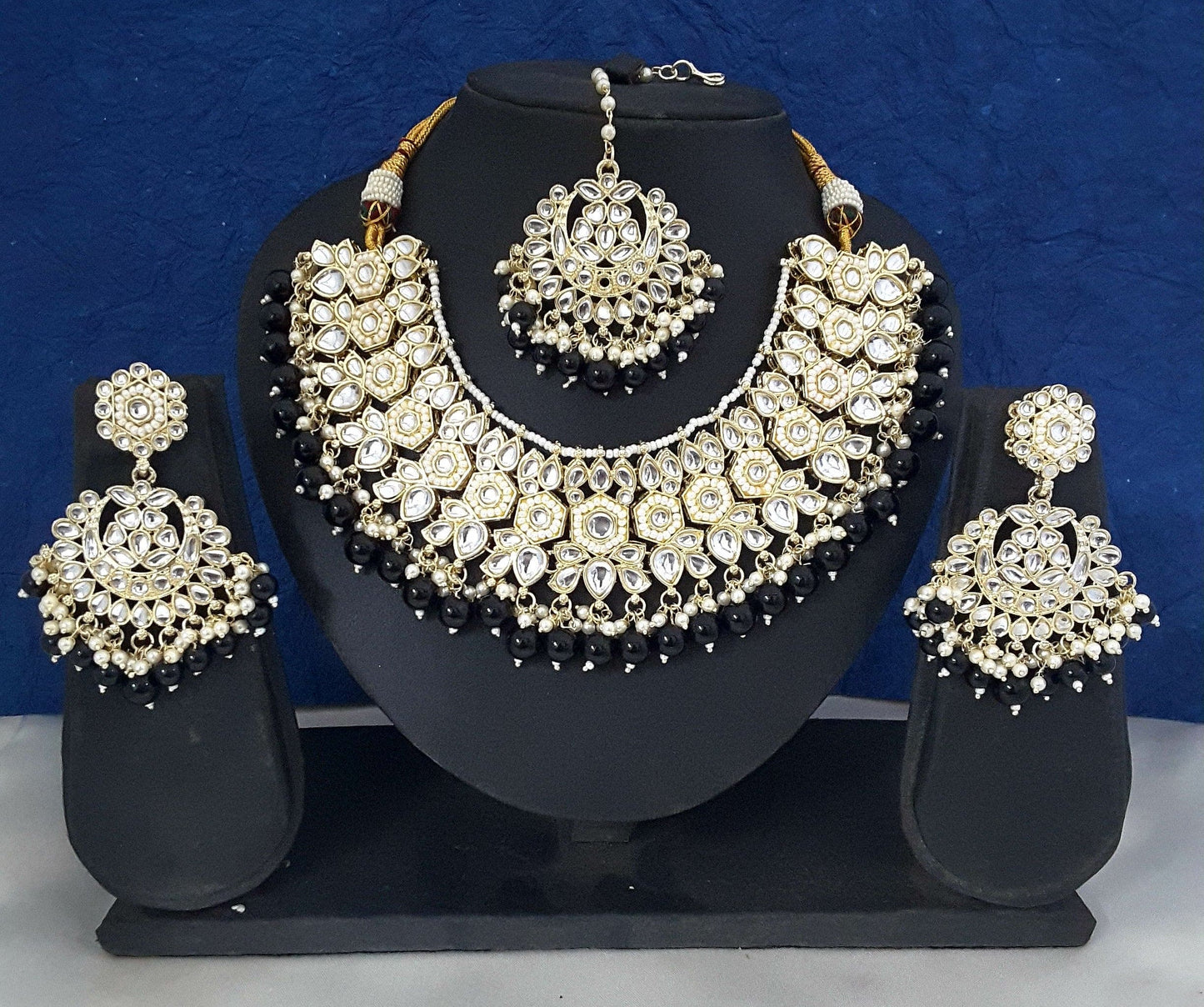 Moonstruck Traditional Indian White Kundan and Black Beads Choker Necklace Earring Set with Maang tikka for Women(Black) - www.MoonstruckINC.com