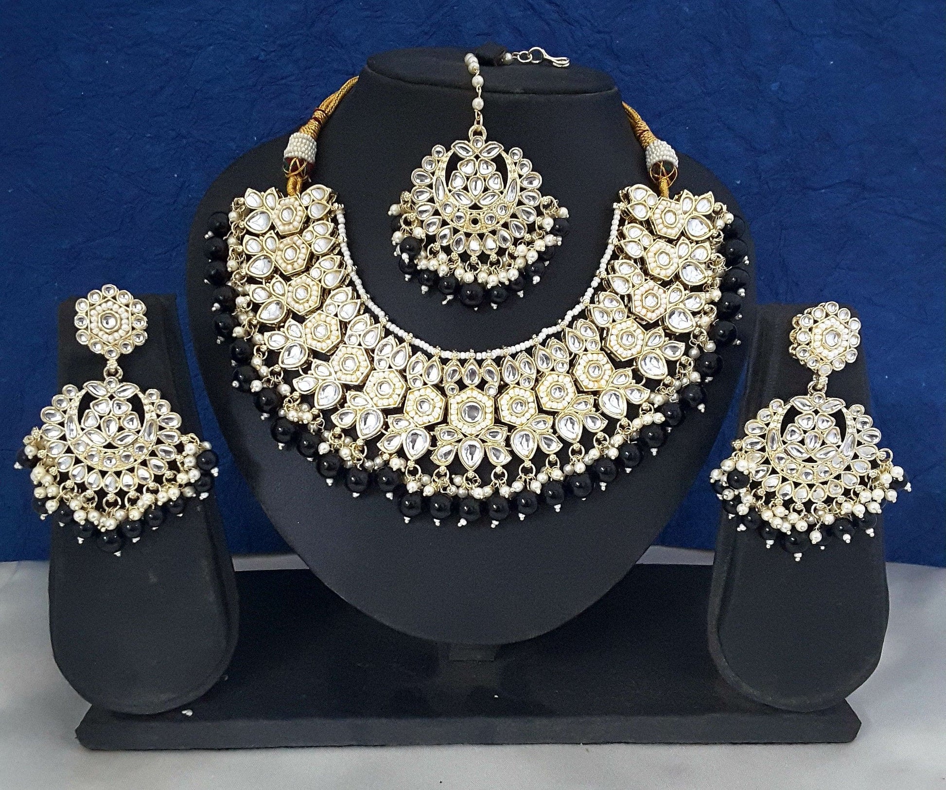 Moonstruck Traditional Indian White Kundan and Black Beads Choker Necklace Earring Set with Maang tikka for Women(Black) - www.MoonstruckINC.com