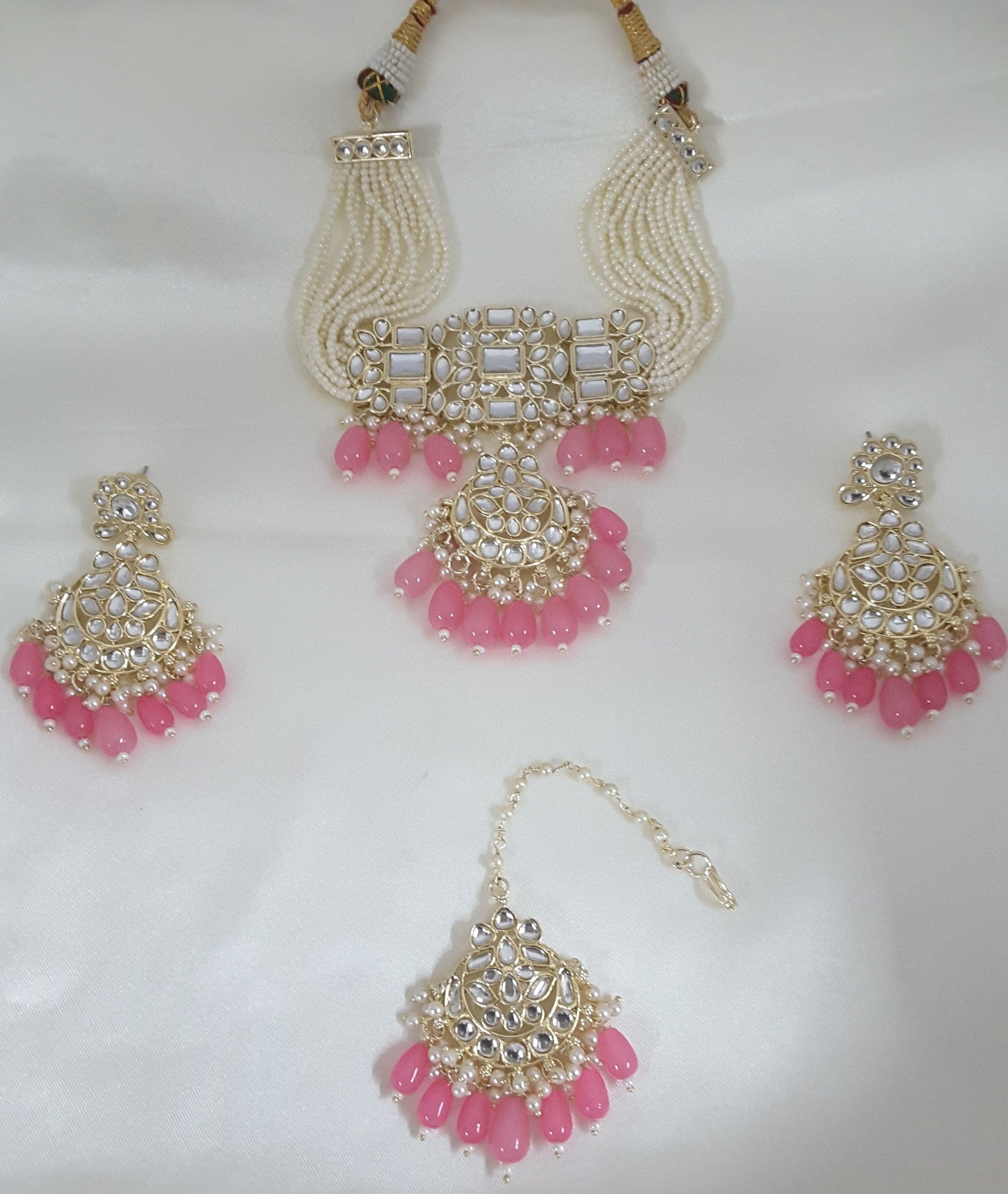 Moonstruck Traditional Indian White Kundan and Pink Beads Choker Necklace Earring Set with Maang tikka for Women(Pink) - www.MoonstruckINC.com