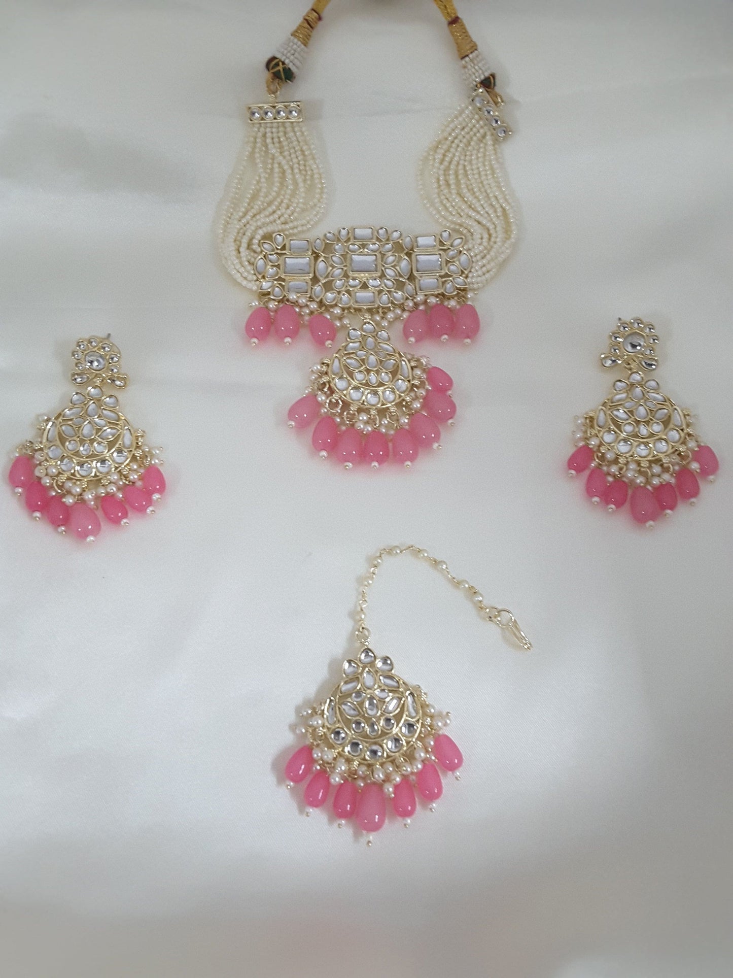 Moonstruck Traditional Indian White Kundan and Pink Beads Choker Necklace Earring Set with Maang tikka for Women(Pink) - www.MoonstruckINC.com
