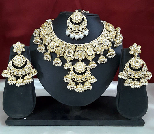 Moonstruck Traditional Indian White Kundan and Pearls Choker Necklace Earring Set with Maang Tikka for Women(White) - www.MoonstruckINC.com