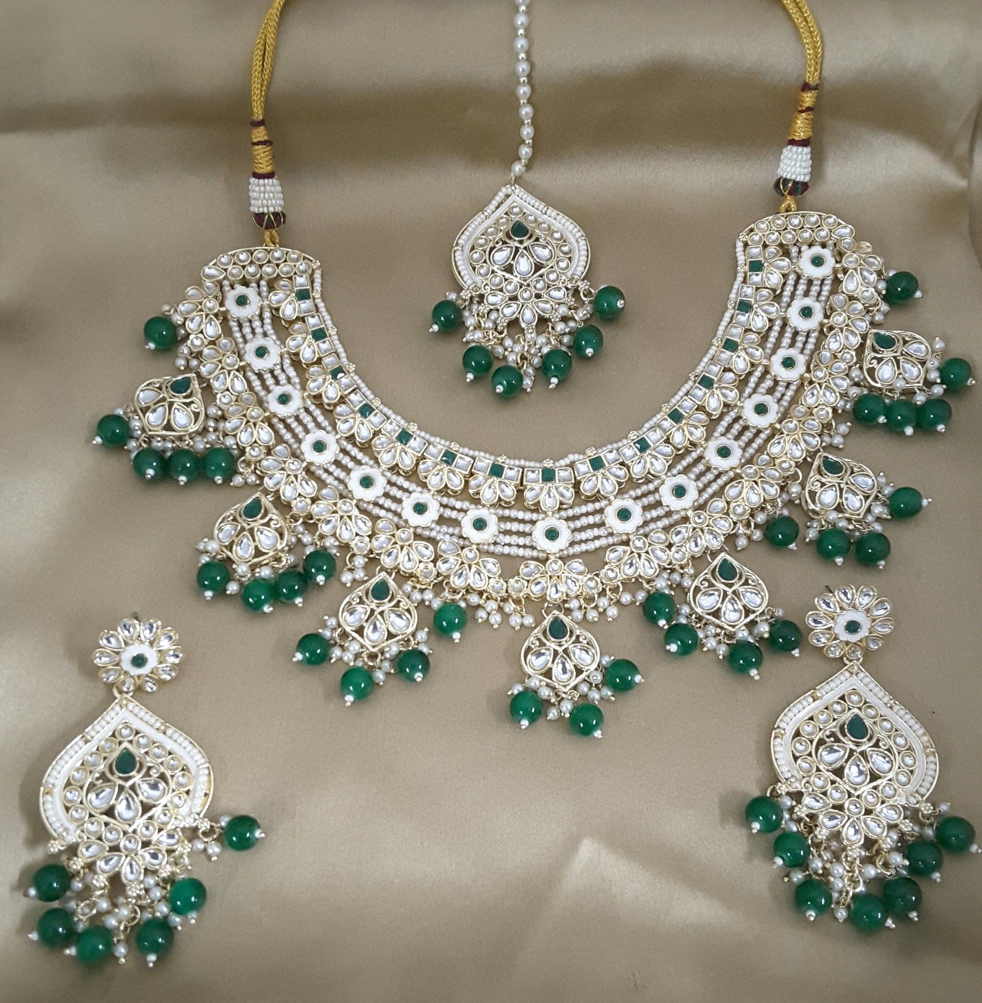 Moonstruck Traditional Indian Meenakari White Kundan and Emerald Green Beads Choker Necklace Earring Set with Maang tikka for Women(Emerald Green) - www.MoonstruckINC.com