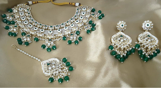Moonstruck Traditional Indian Meenakari White Kundan and Emerald Green Beads Choker Necklace Earring Set with Maang tikka for Women(Emerald Green) - www.MoonstruckINC.com