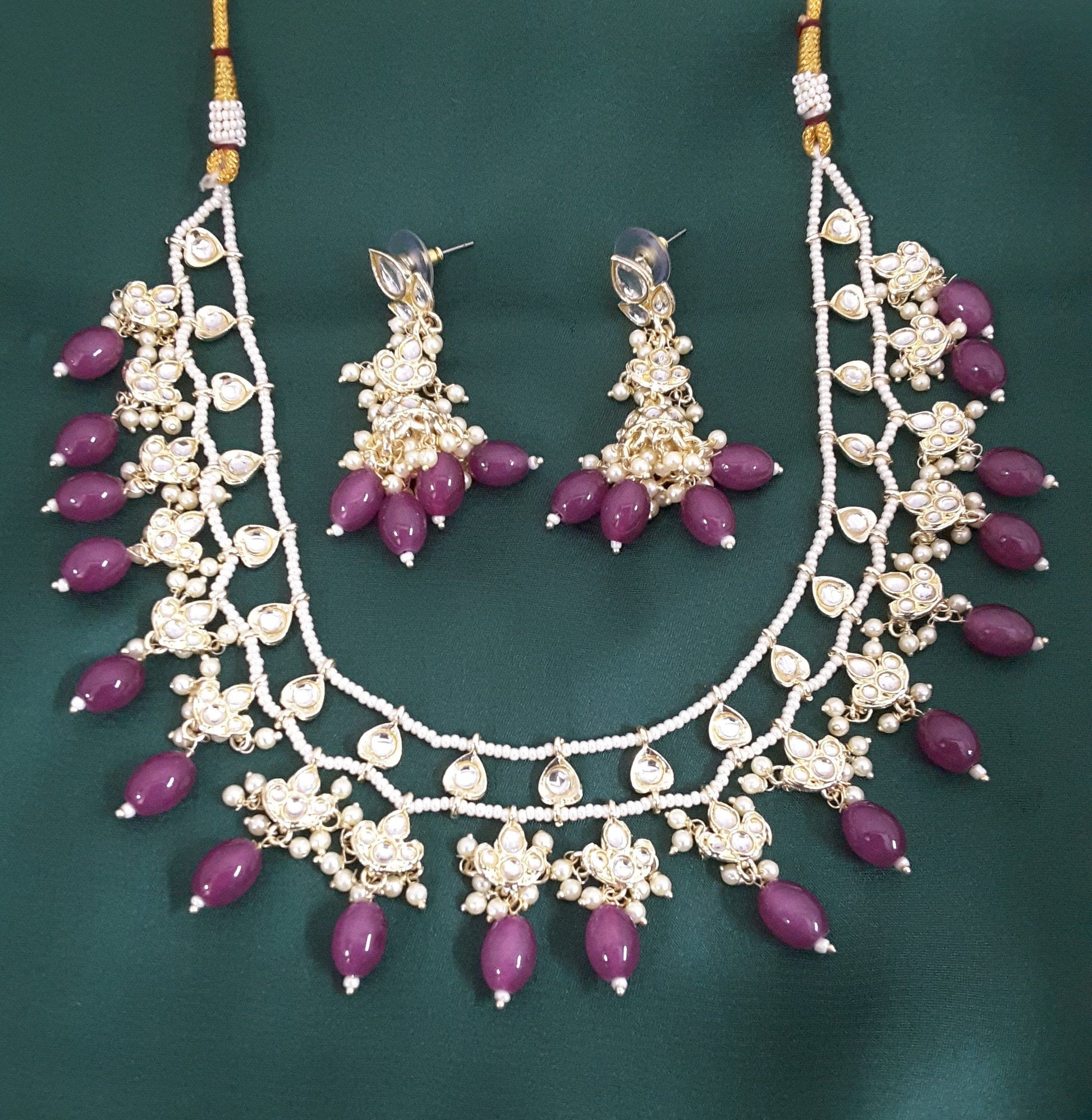 Moonstruck Traditional Indian White Kundan and Purple Beads Choker Necklace Earring Set for Women(Purple) - www.MoonstruckINC.com