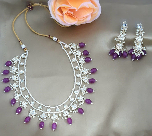 Moonstruck Traditional Indian White Kundan and Purple Beads Choker Necklace Earring Set for Women(Purple) - www.MoonstruckINC.com
