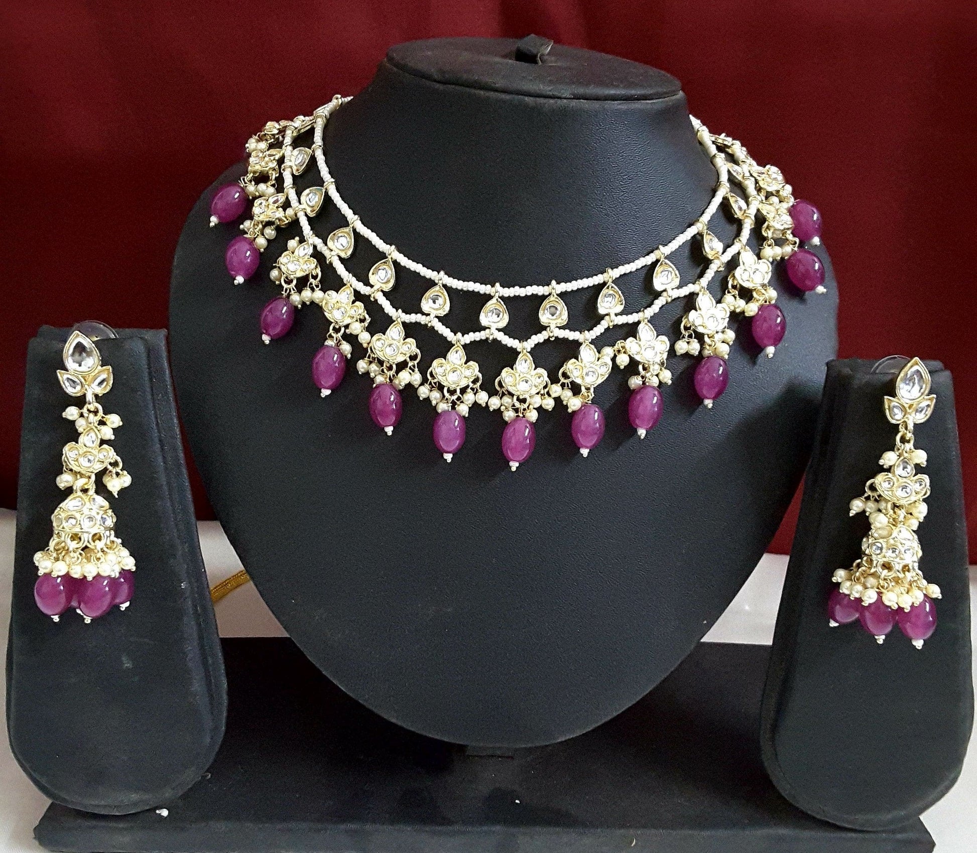 Moonstruck Traditional Indian White Kundan and Purple Beads Choker Necklace Earring Set for Women(Purple) - www.MoonstruckINC.com