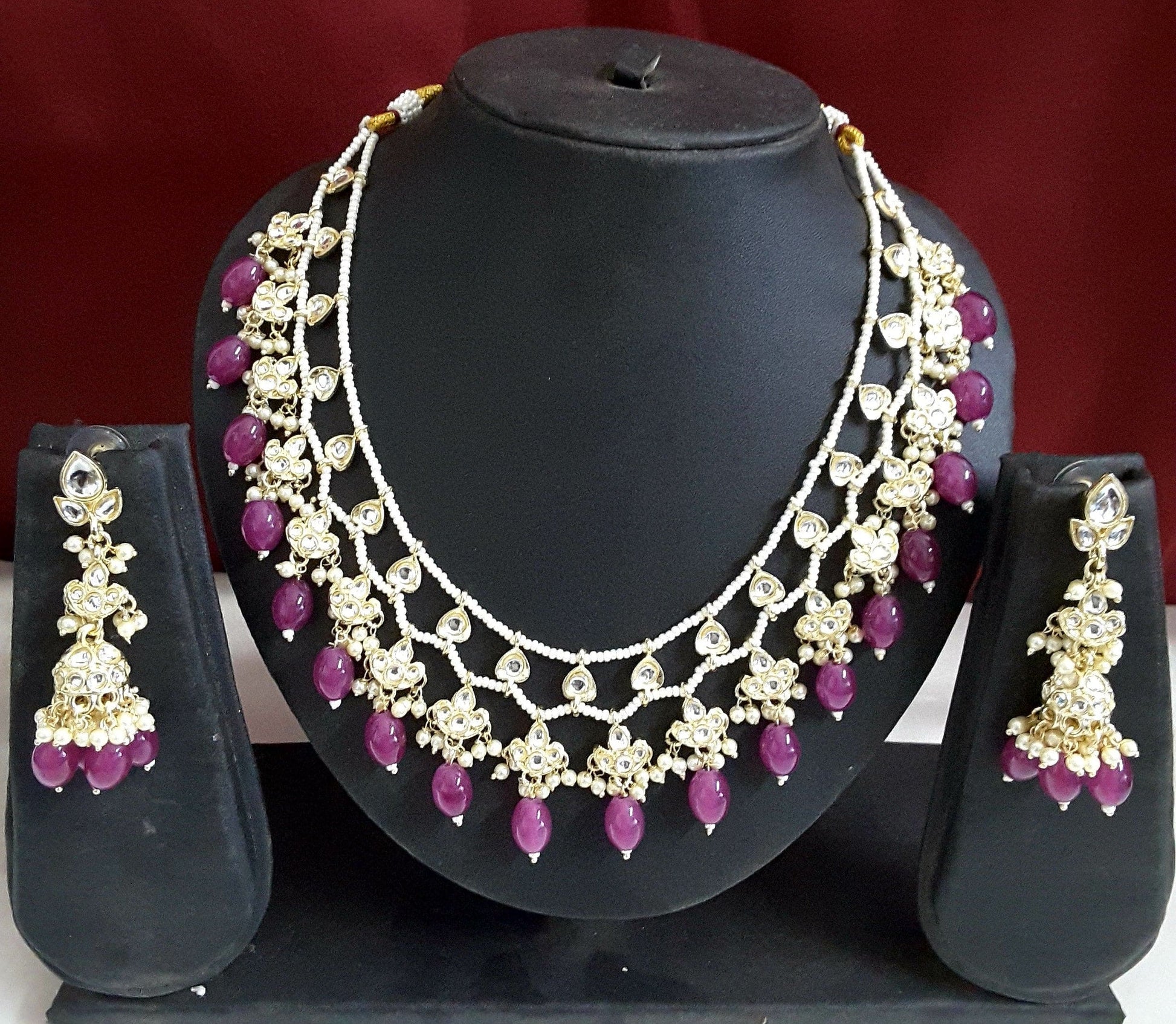 Moonstruck Traditional Indian White Kundan and Purple Beads Choker Necklace Earring Set for Women(Purple) - www.MoonstruckINC.com