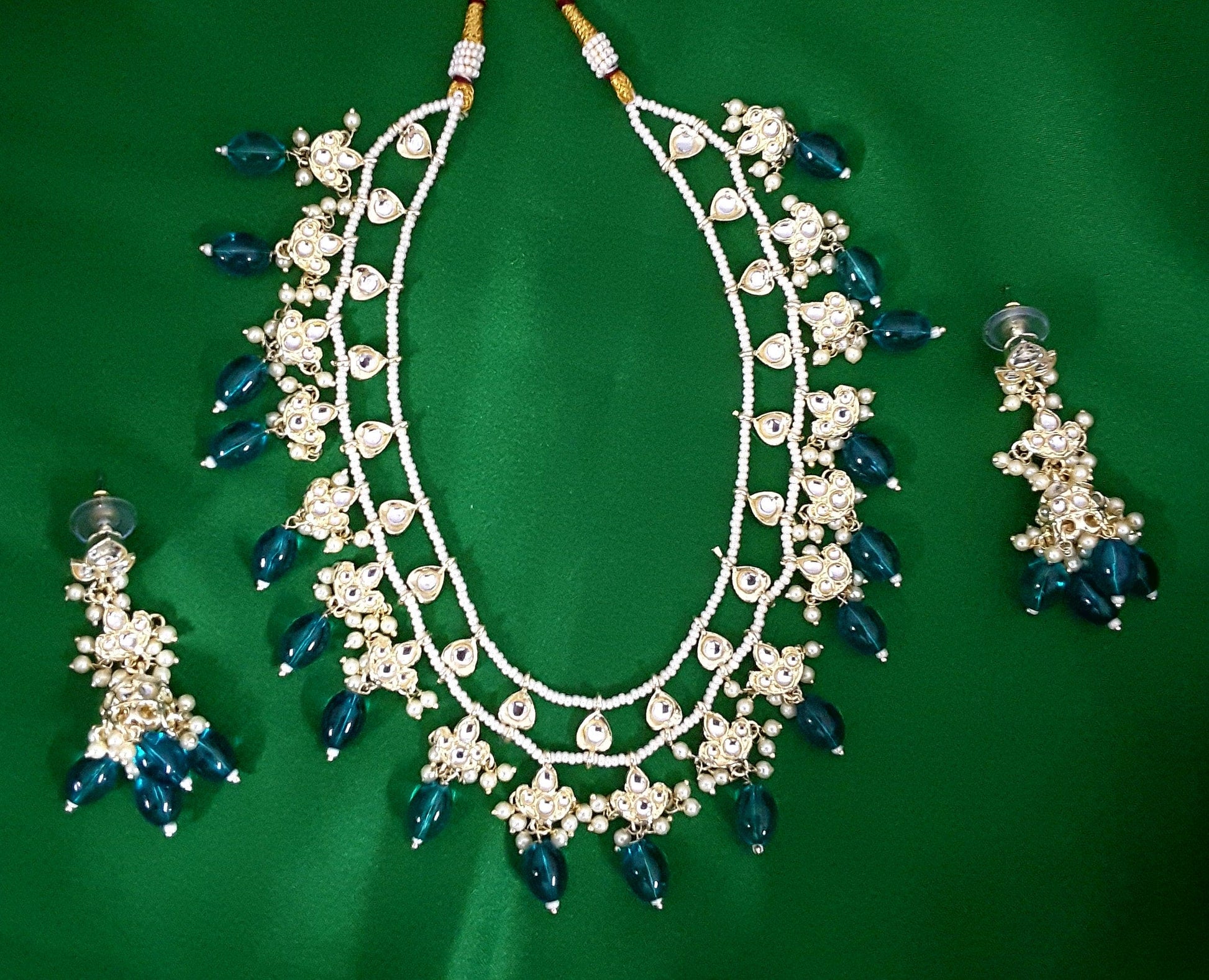 Moonstruck Traditional Indian White Kundan and Green Beads Choker Necklace Earring Set for Women(Peacock Green) - www.MoonstruckINC.com