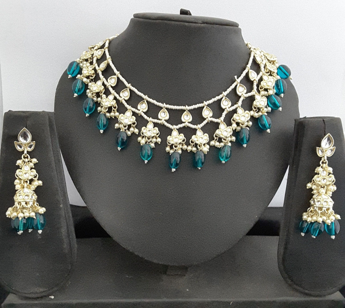 Moonstruck Traditional Indian White Kundan and Green Beads Choker Necklace Earring Set for Women(Peacock Green) - www.MoonstruckINC.com