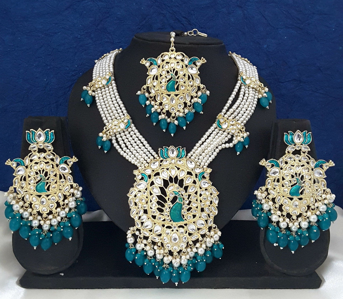 Moonstruck Traditional Indian Meenakari Peacock White Kundan and Green Beads Long Regal Necklace Earring Set with Maang tikka for Women(Peacock Green) - www.MoonstruckINC.com