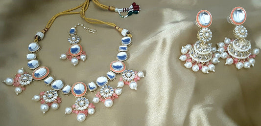 Moonstruck Traditional Indian Meenakari White Kundan and Peach Pink Beads Choker Necklace Earring Set with Maang tikka for Women(Peach Pink) - www.MoonstruckINC.com