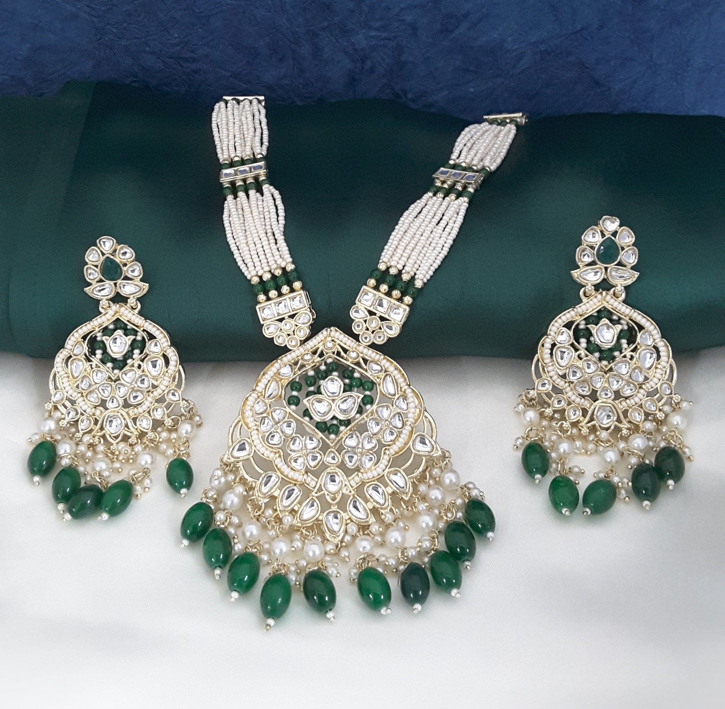 Moonstruck Traditional Indian White Kundan and Emerald Green Beads Long Regal Necklace Earring Set with Maang tikka for Women(Emerald Green) - www.MoonstruckINC.com