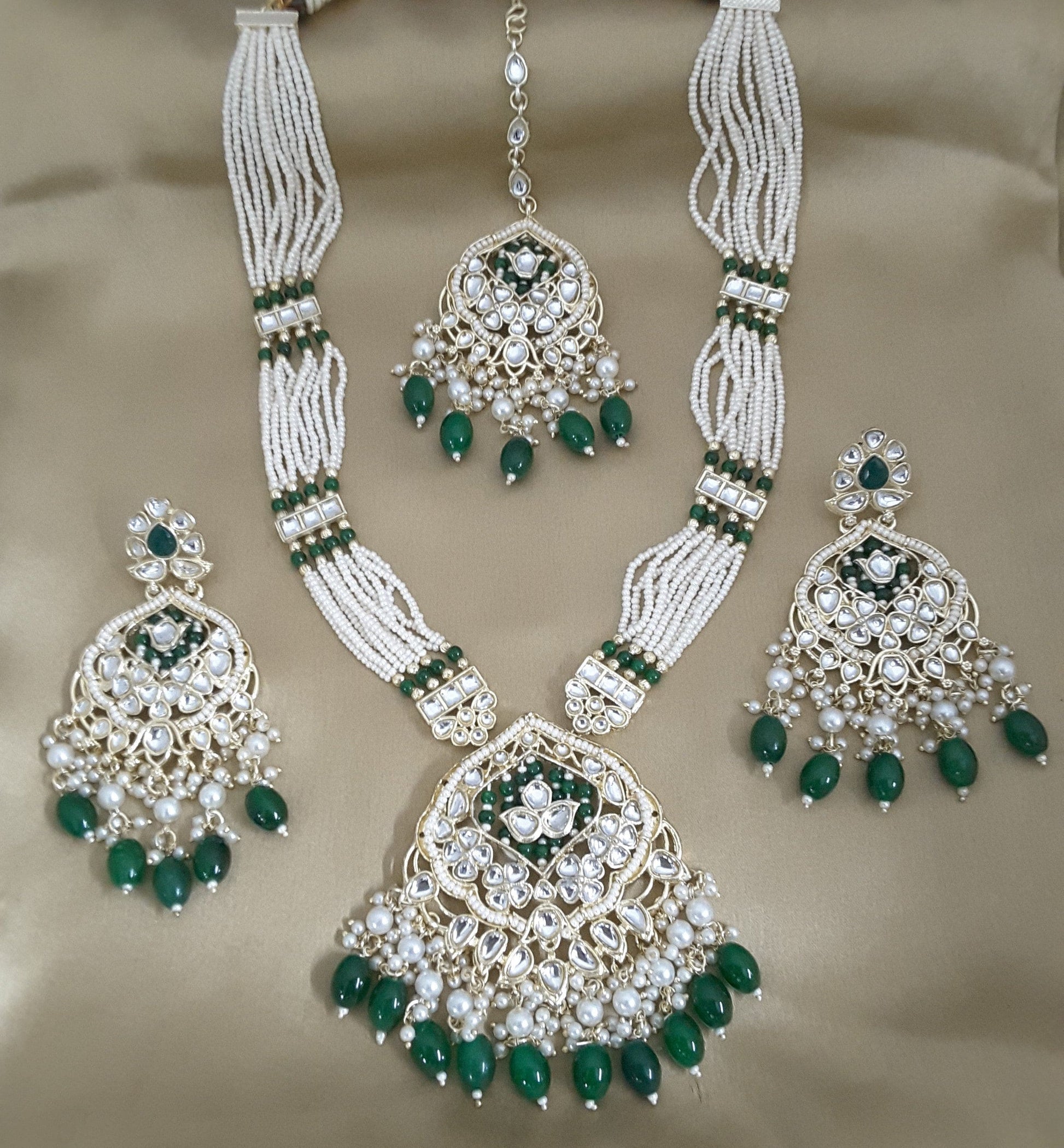 Moonstruck Traditional Indian White Kundan and Emerald Green Beads Long Regal Necklace Earring Set with Maang tikka for Women(Emerald Green) - www.MoonstruckINC.com