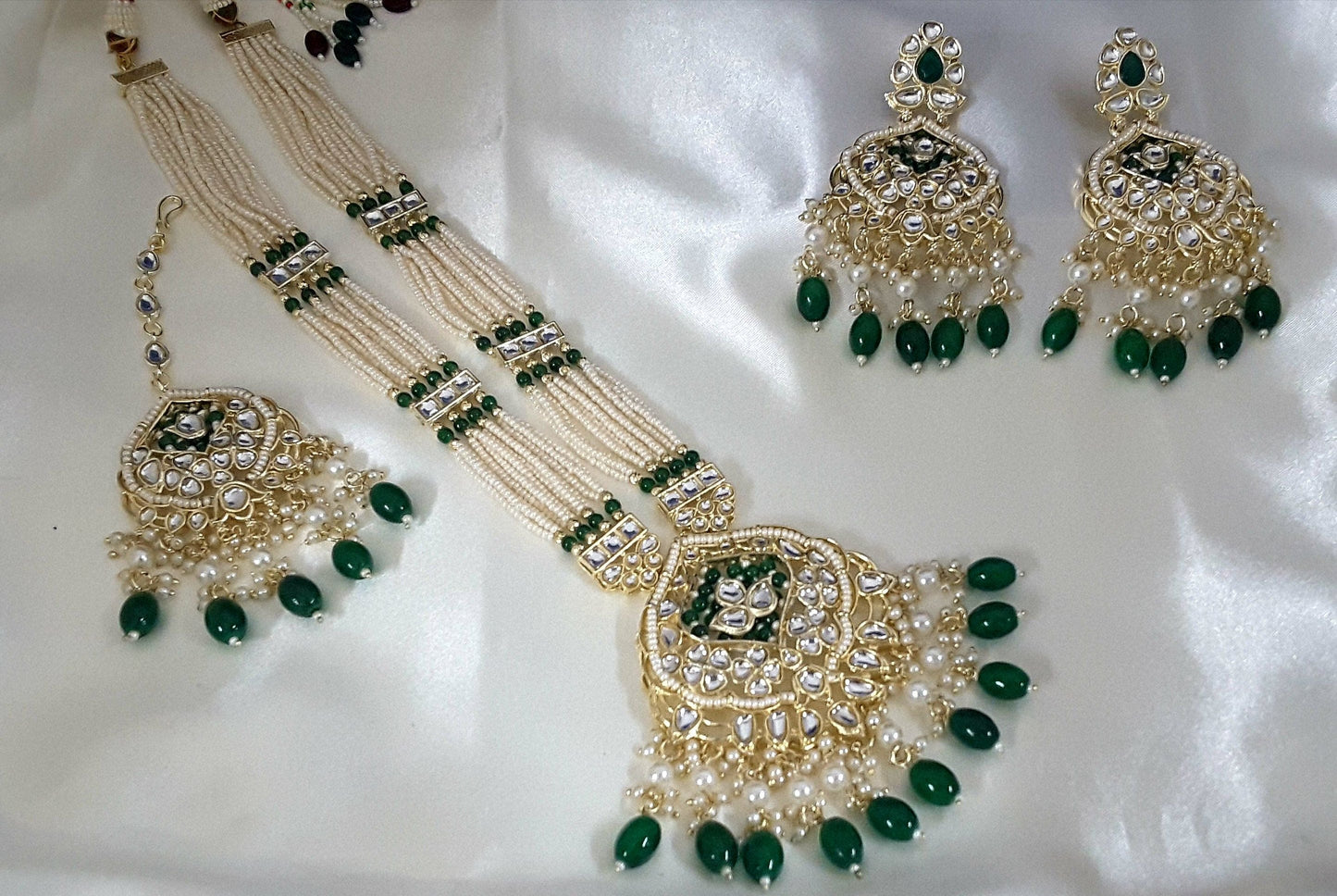 Moonstruck Traditional Indian White Kundan and Emerald Green Beads Long Regal Necklace Earring Set with Maang tikka for Women(Emerald Green) - www.MoonstruckINC.com