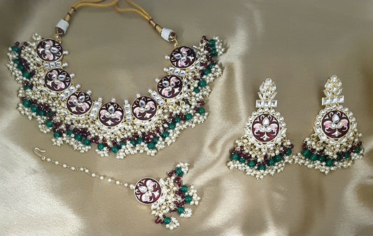Moonstruck Traditional Indian Maroon Meenakari White Kundan and Green Beads Elegant Necklace Earring Set with Maang tikka for Women(Green & Maroon) - www.MoonstruckINC.com