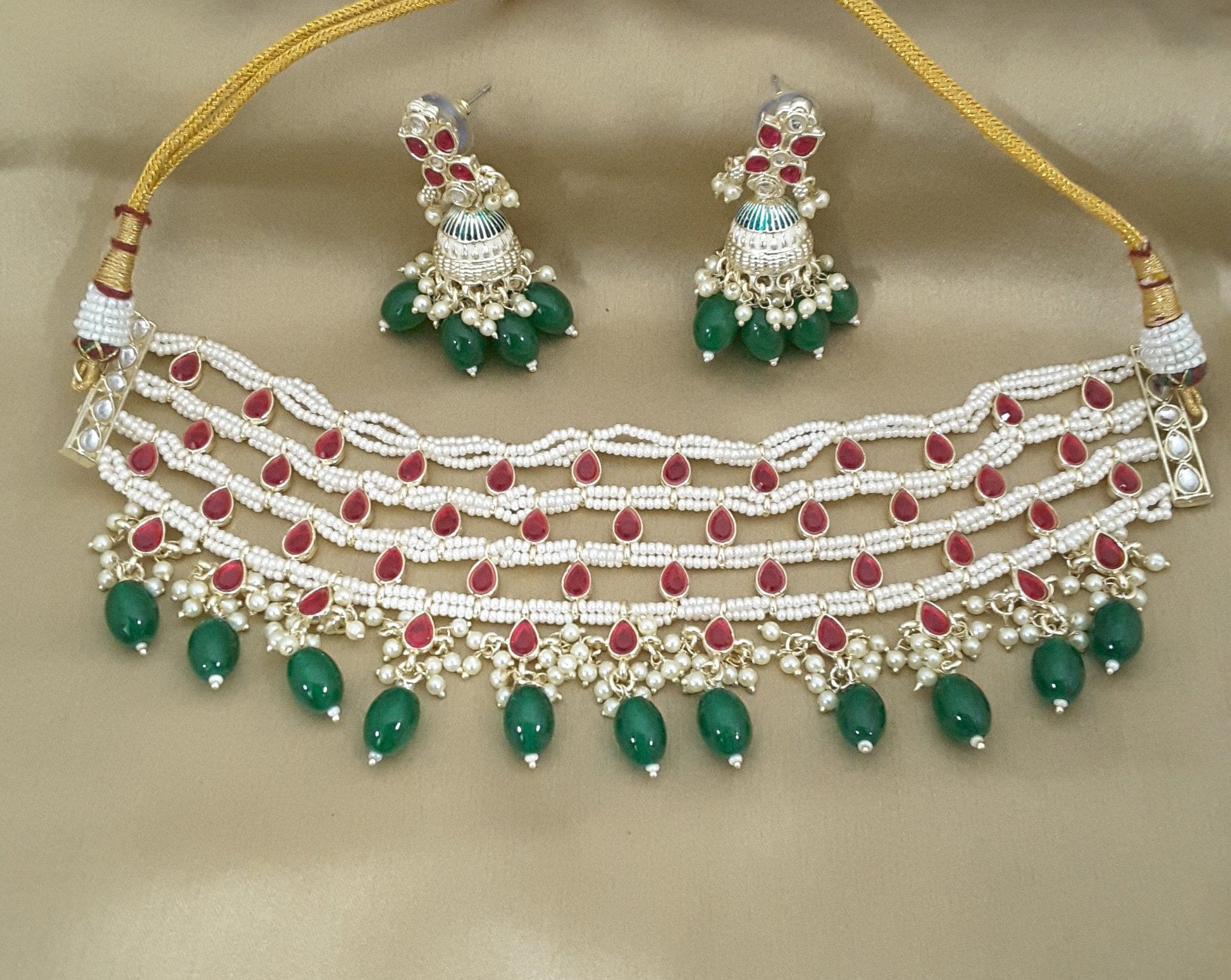 Moonstruck Traditional Indian Meenakari Rani Pink Kundan and Green Beads Choker Necklace Earring Set for Women(Green & Rani Pink) - www.MoonstruckINC.com