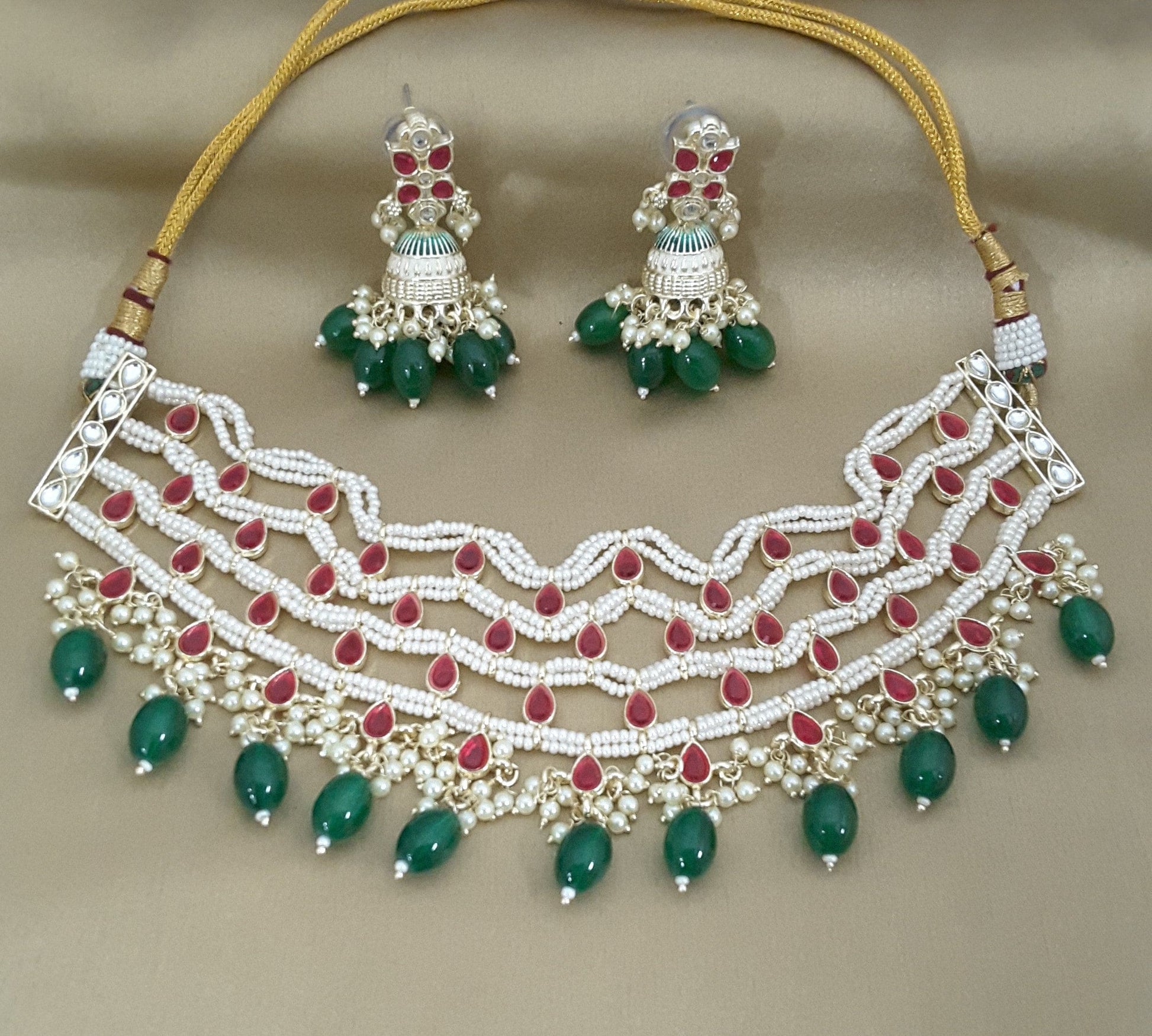 Moonstruck Traditional Indian Meenakari Rani Pink Kundan and Green Beads Choker Necklace Earring Set for Women(Green & Rani Pink) - www.MoonstruckINC.com