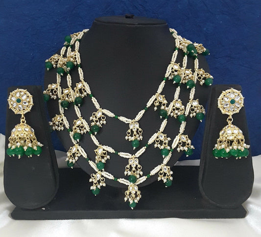 Moonstruck Traditional Indian White Kundan and Emerald Green Beads Long Regal Necklace Earring Set for Women(Emerald Green) - www.MoonstruckINC.com