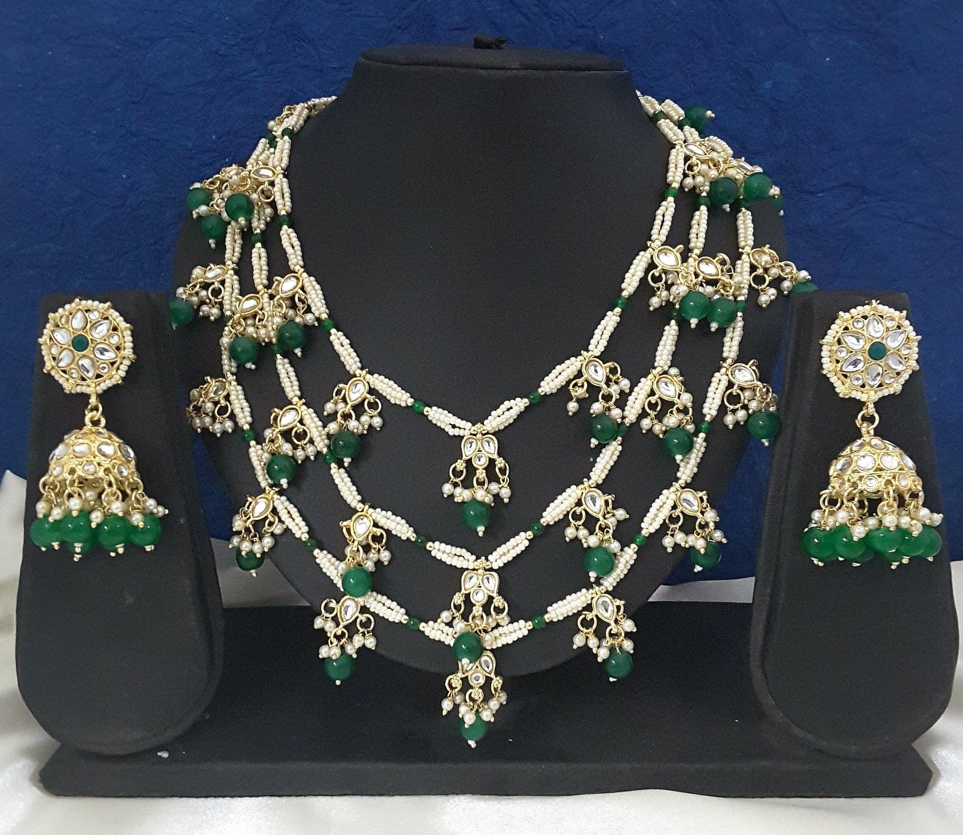 Moonstruck Traditional Indian White Kundan and Emerald Green Beads Long Regal Necklace Earring Set for Women(Emerald Green) - www.MoonstruckINC.com