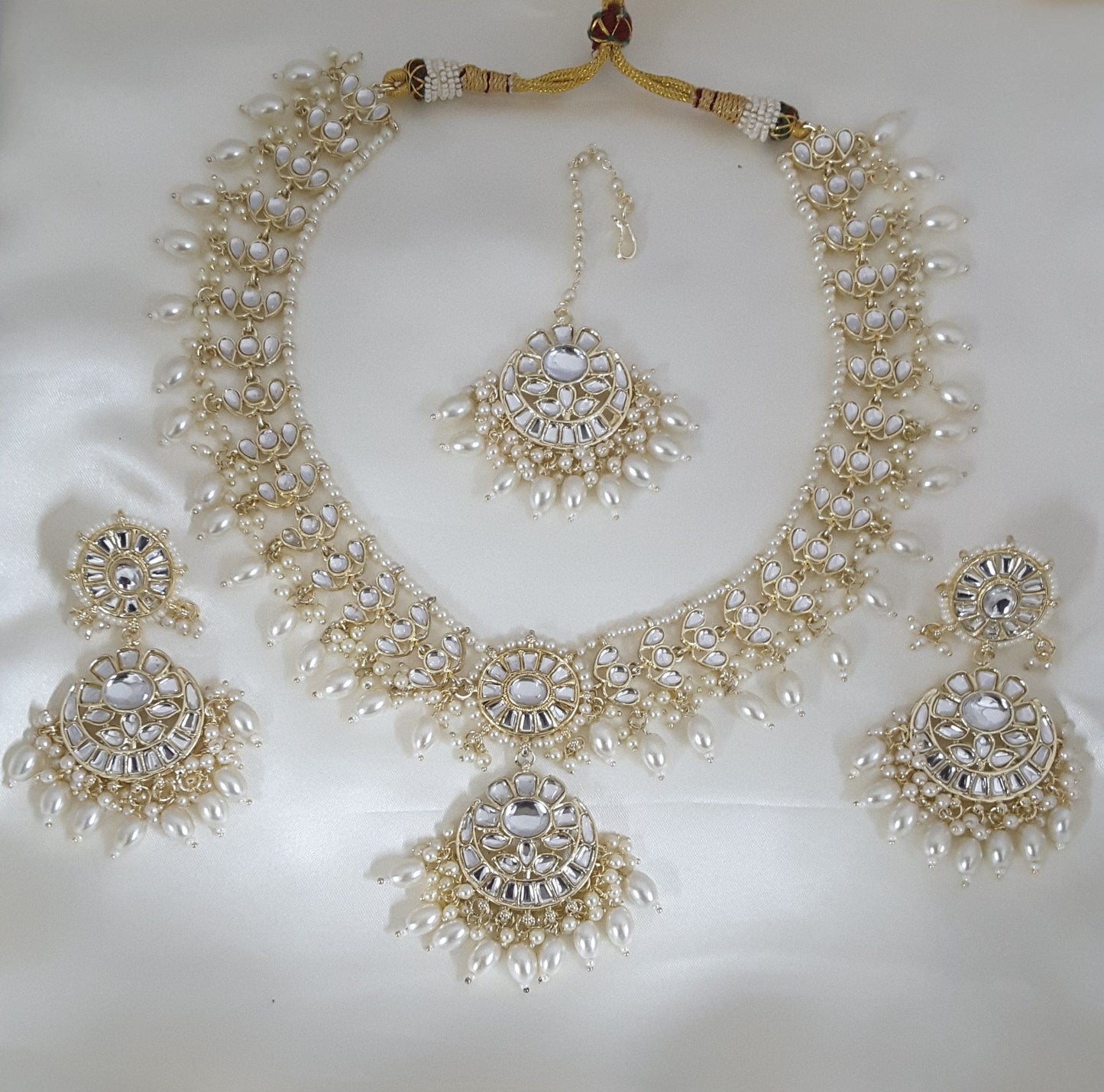 Moonstruck Traditional Indian White Kundan and Pearl Beads Long Regal Necklace Earring Set with Maang tikka for Women(White) - www.MoonstruckINC.com