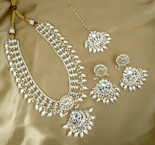 Moonstruck Traditional Indian White Kundan and Pearl Beads Long Regal Necklace Earring Set with Maang tikka for Women(White) - www.MoonstruckINC.com